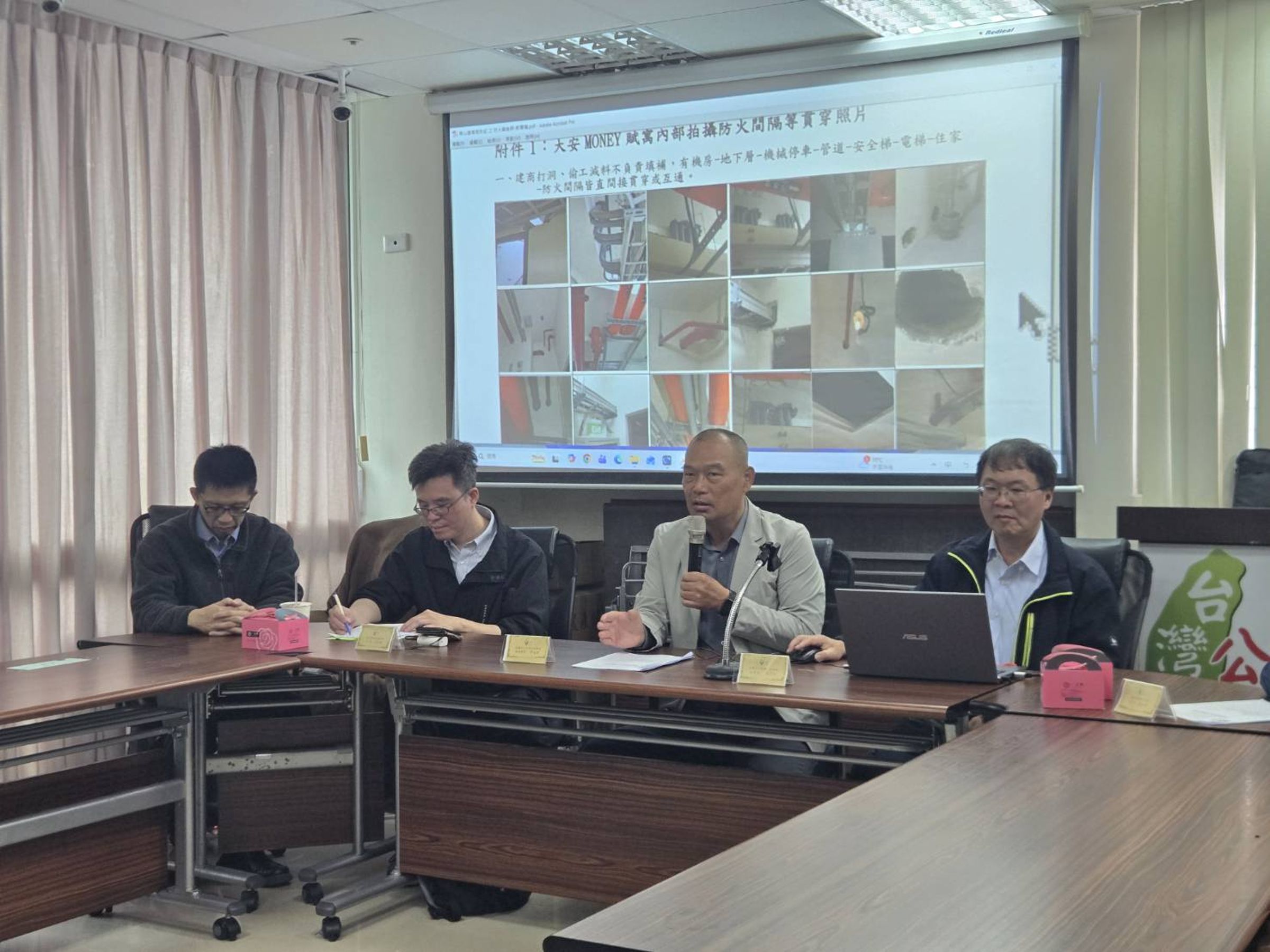 台灣公安學會與台北市都發局官員、議員苗博雅辦公室主任連袂召開記者會,再度揭露黃國昌岳父的新建案有12項重大工安缺失。(公安學會提供)
