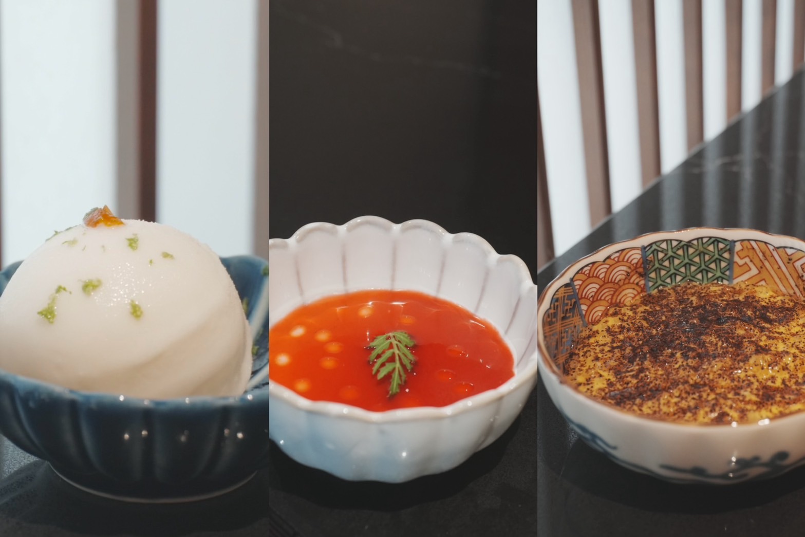 套餐尾聲的甜點三選一，包含了希臘優格、紫蘇製作的雪酪（左）、加入綠胡椒油的「覆盆莓奶酪」，以及撒滿咖啡粉與咖啡油的「芒果西米露」。