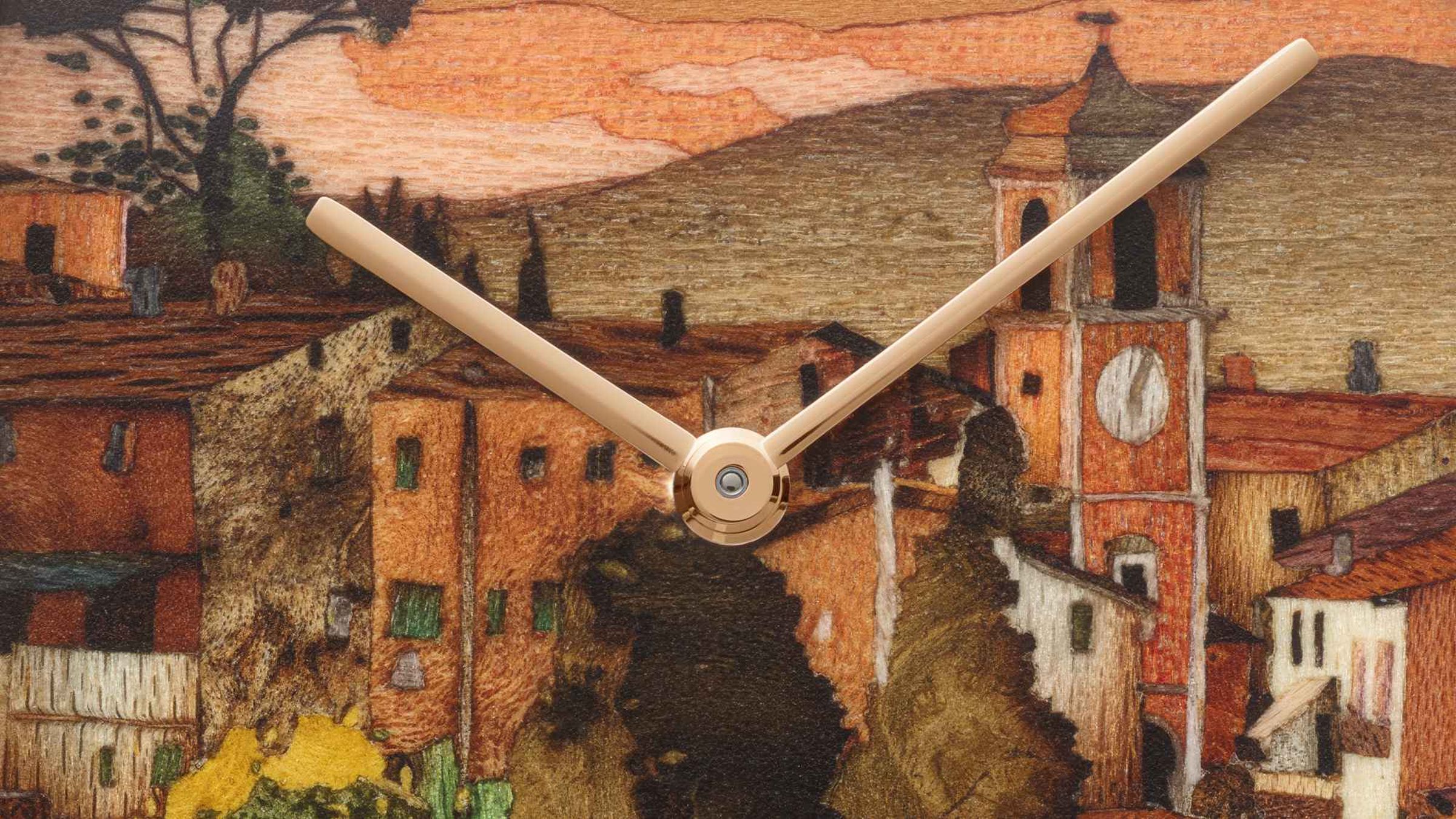 PATEK PHILIPPE 
Golden Ellipse Ref. 5738/50R-017「Sunset in Tuscany」
此錶以托斯卡尼村莊夕照為主題。工藝師將 57 種不同色澤、紋理與木紋的木材，切割成 203 片細小飾板與 75 枚更微小的嵌件，再逐一拼組出村落、田野與被夕陽染紅的天空。玫瑰金 Golden Ellipse 錶殼搭載超薄 Caliber 240 自動上鍊機芯，限量 10 只。