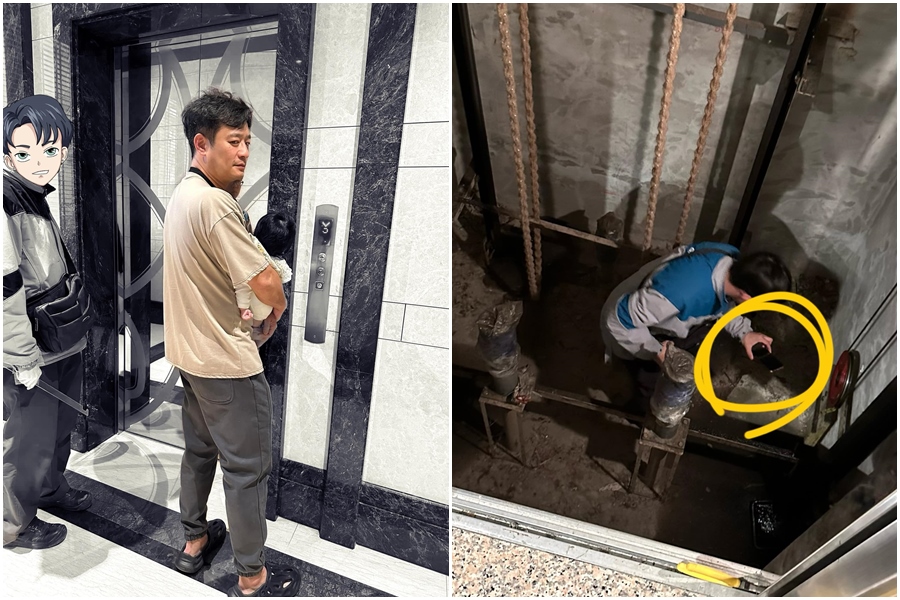 林佑星愚人節當天手機從電梯縫「6樓直墜B3」，最後請電梯廠商出動救援。（翻攝自林佑星臉書）