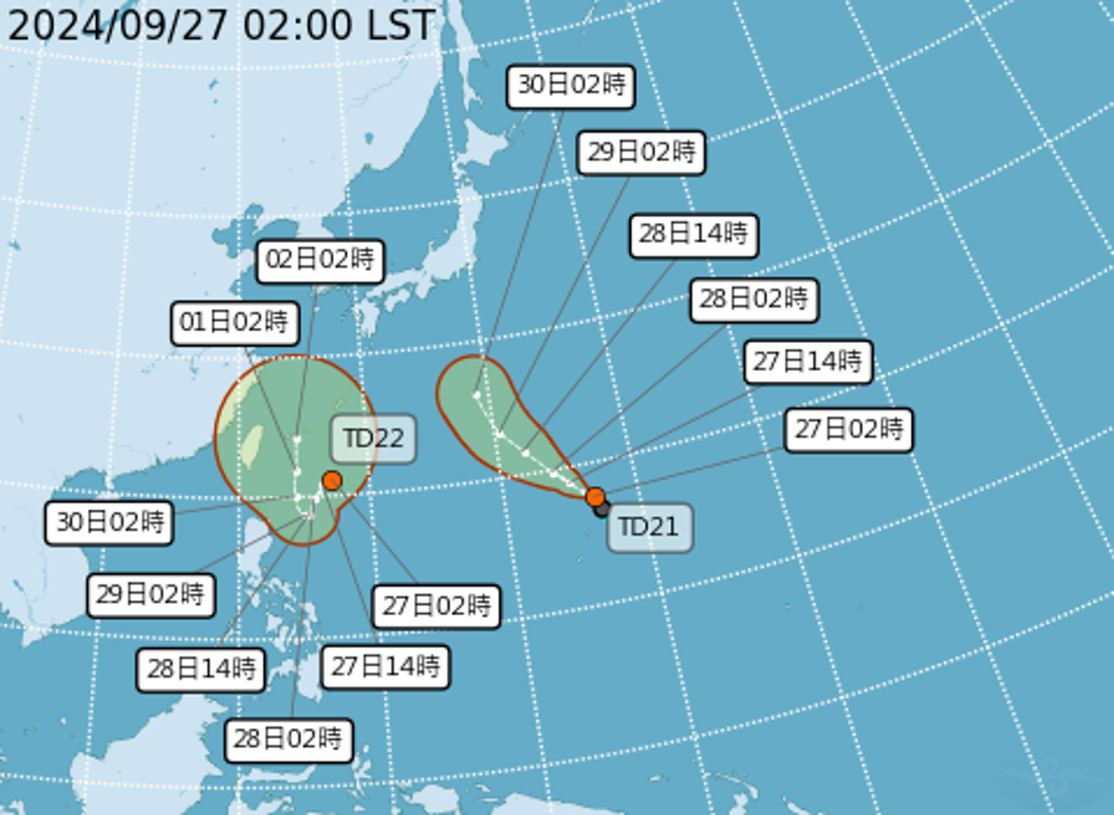 熱帶性低氣壓TD22預計週末成颱，週一起朝台灣東方海面靠近並逐漸通過。（中央氣象署提供）