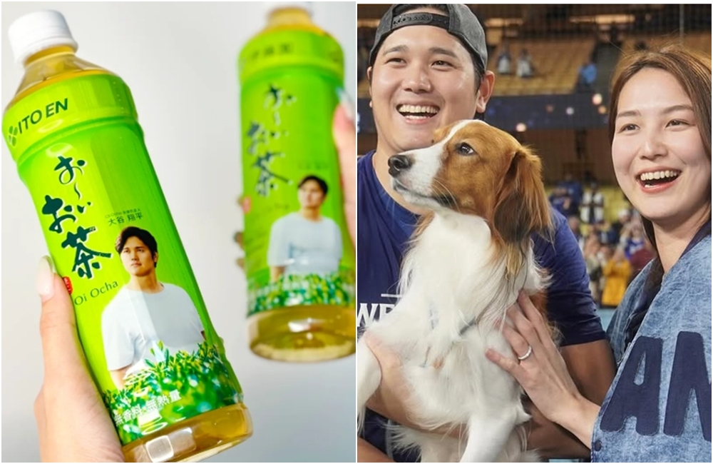 大谷翔平和真美子夫妻，育有一隻可愛狗狗「彈額頭」和一個1歲女兒。（伊藤園提供、翻攝自大谷翔平IG）