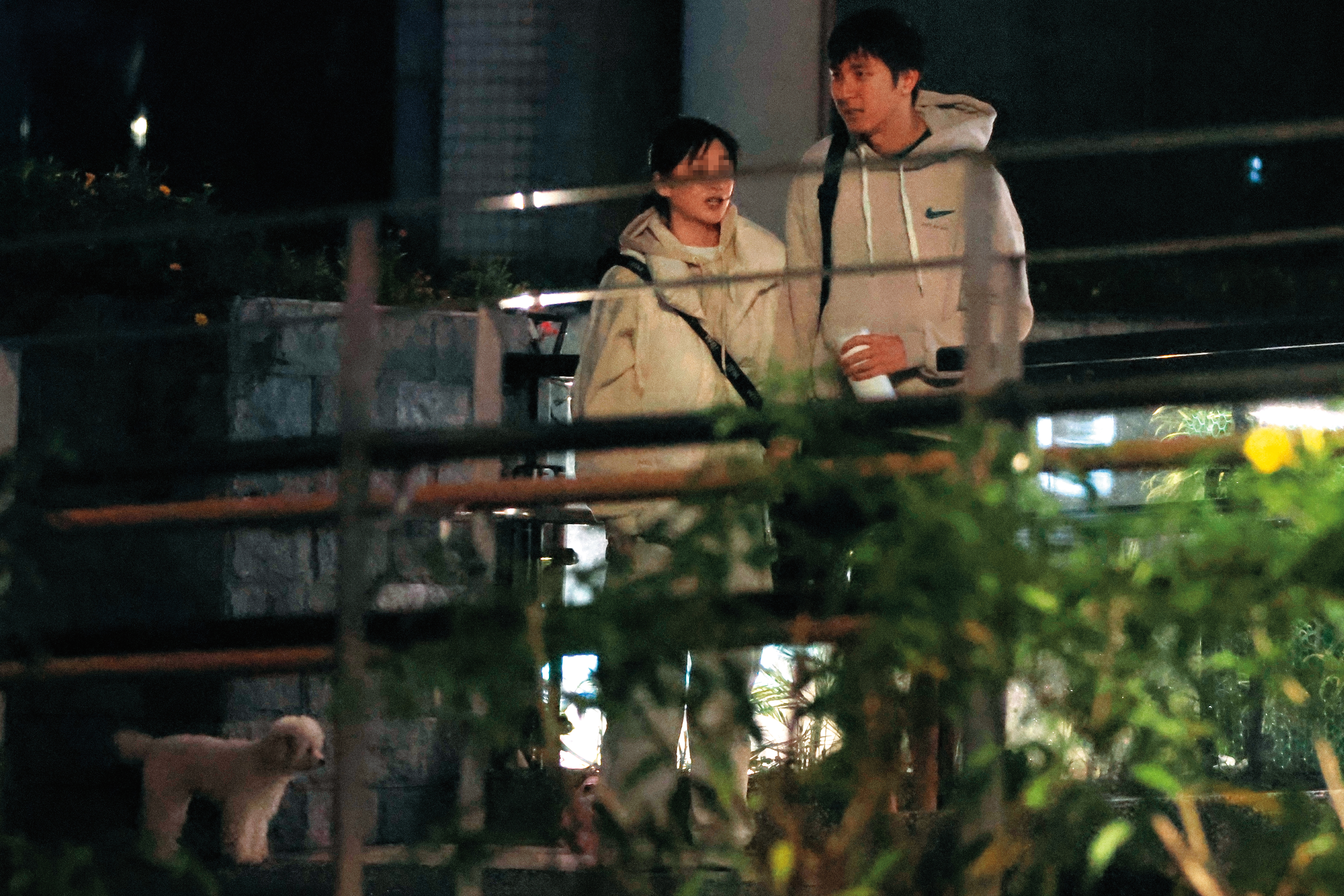 1/16 00：55 上樓前，馬尾妹還特地讓狗狗落地走走，和胡釋安一起照顧。