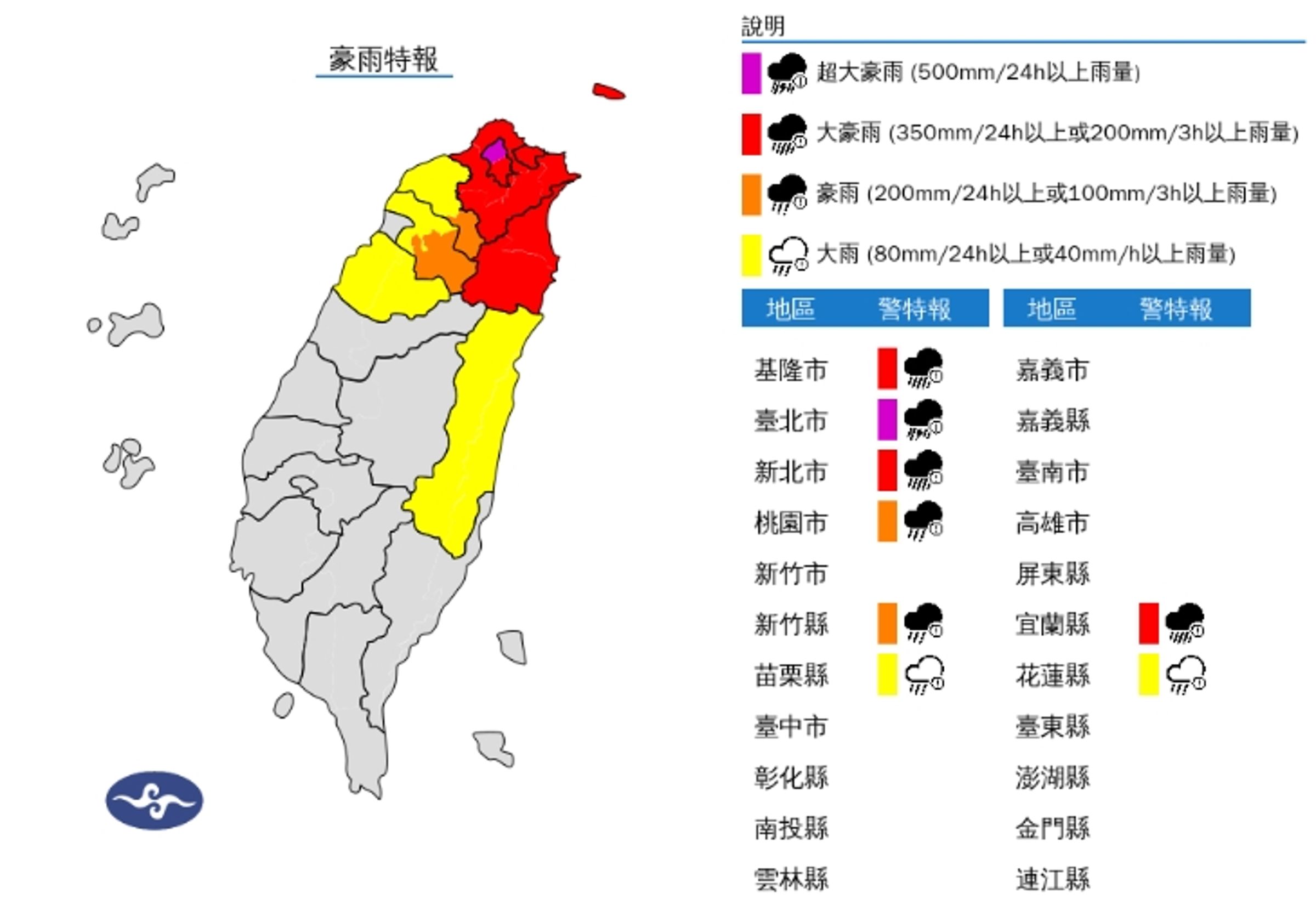 中央氣象署發布豪雨特報。(翻攝自中央氣象署官網)
