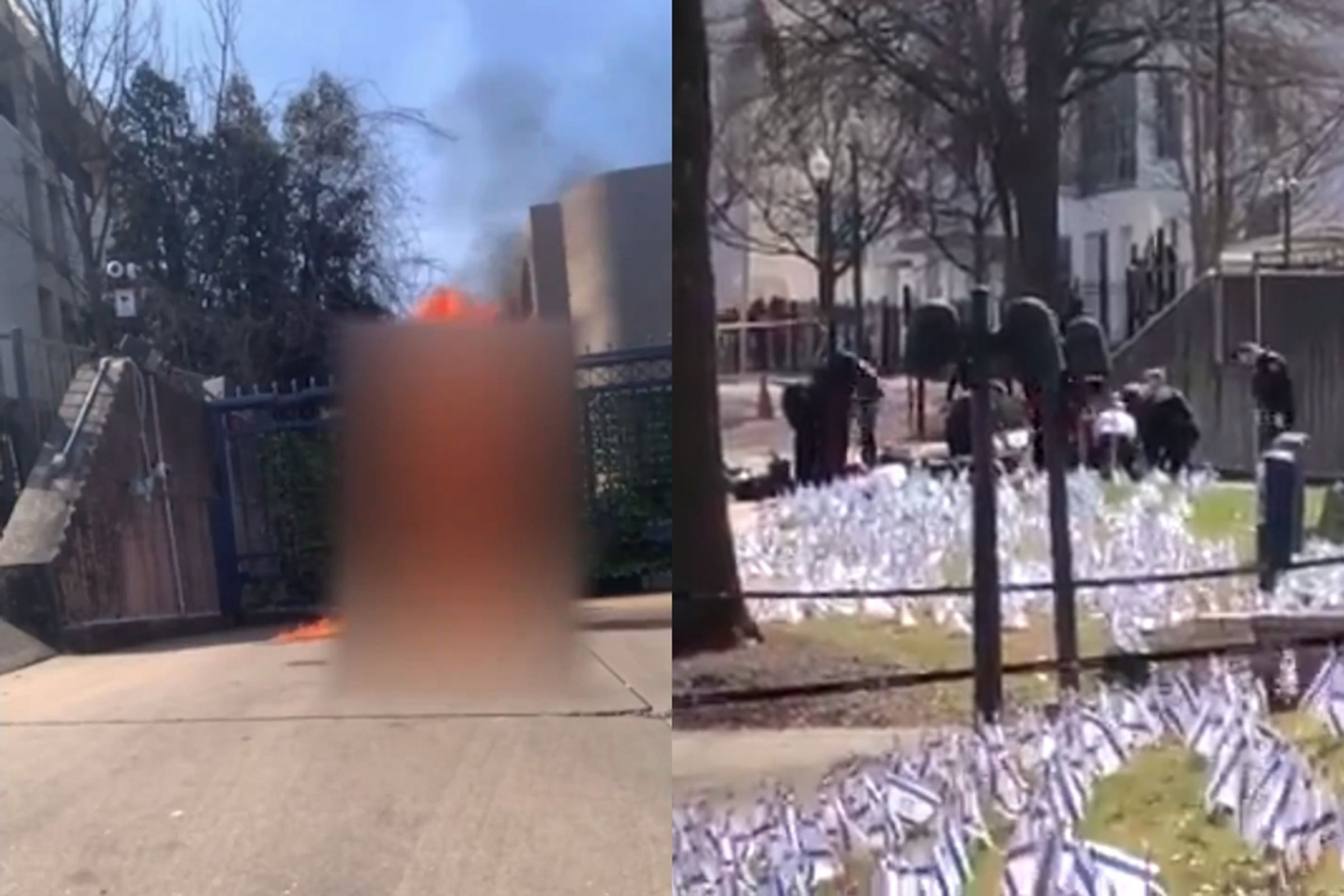 美國一名現役空軍週日下午在以色列駐華盛頓大使館外自焚,高喊「自由巴勒斯坦」。(翻攝自@Megatron_ron X)