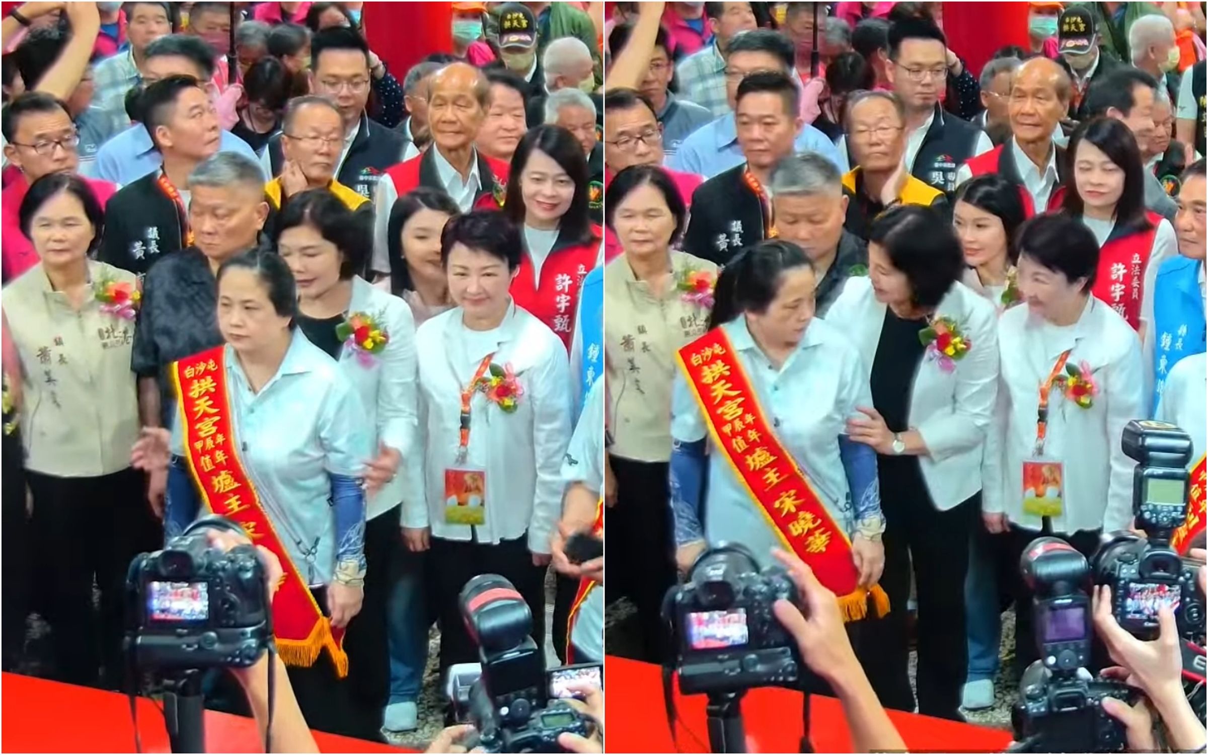 張麗善伸手推開拱天宮爐主，信徒痛批無禮。（翻攝自 白沙屯媽祖網路電視台）