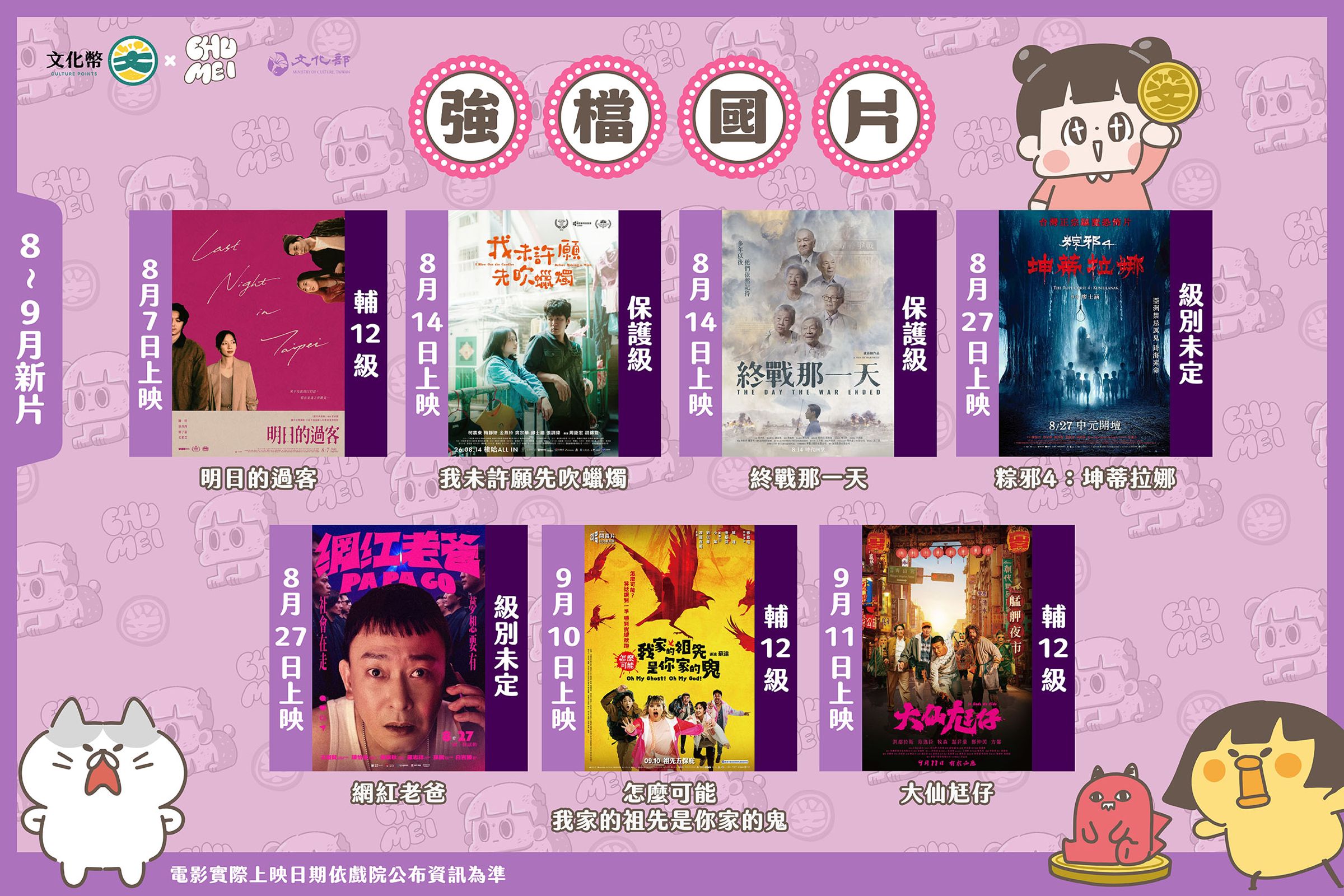 8、9月有多達7部國片上映，文化部邀青少年用文化幣一起挺國片。（文化部提供）