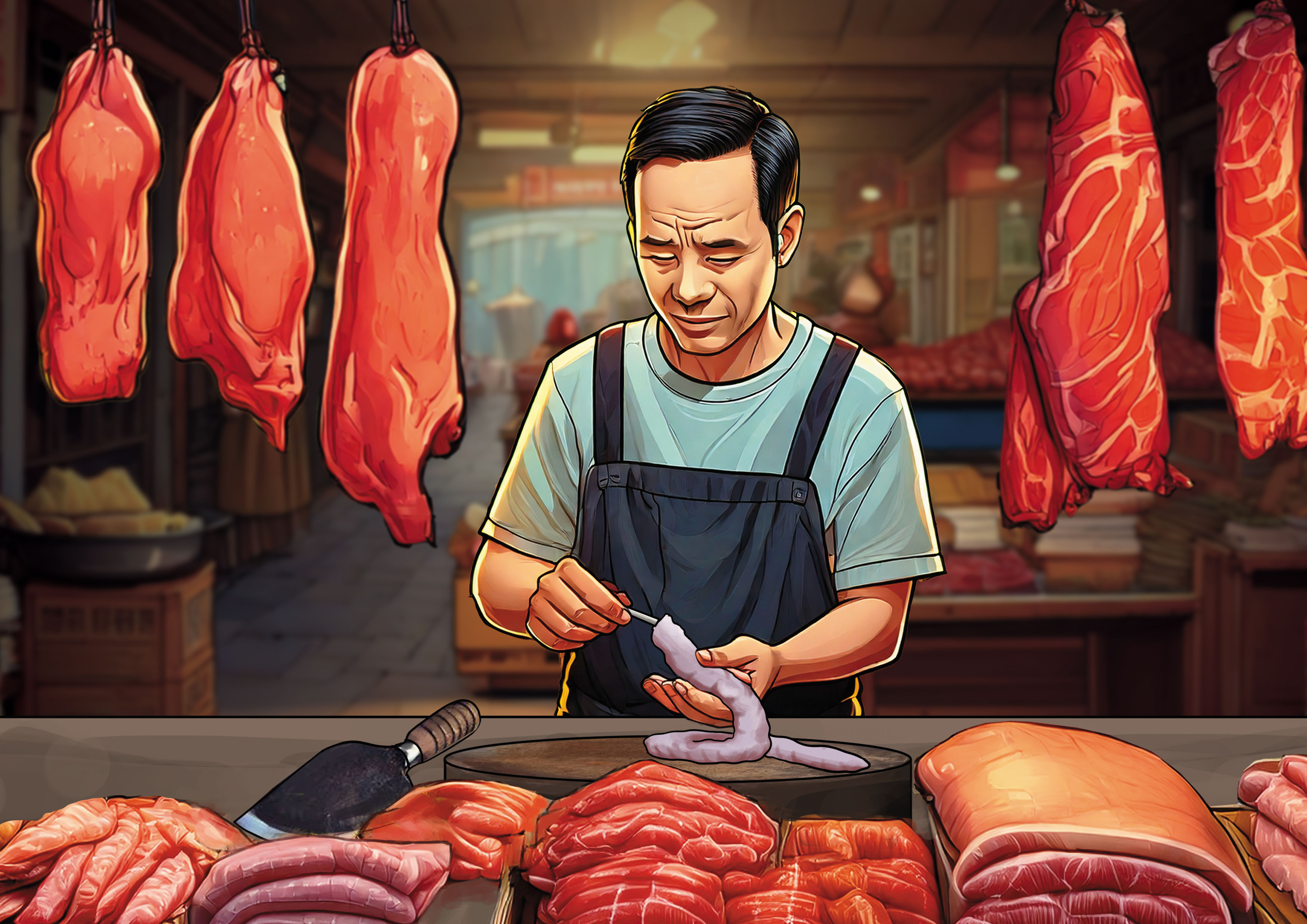 攤商將吸管塞進豬腸做記號,意外抓到綁架殺人犯。(AI繪圖Adobe Firefly生成,本刊美術組後製)