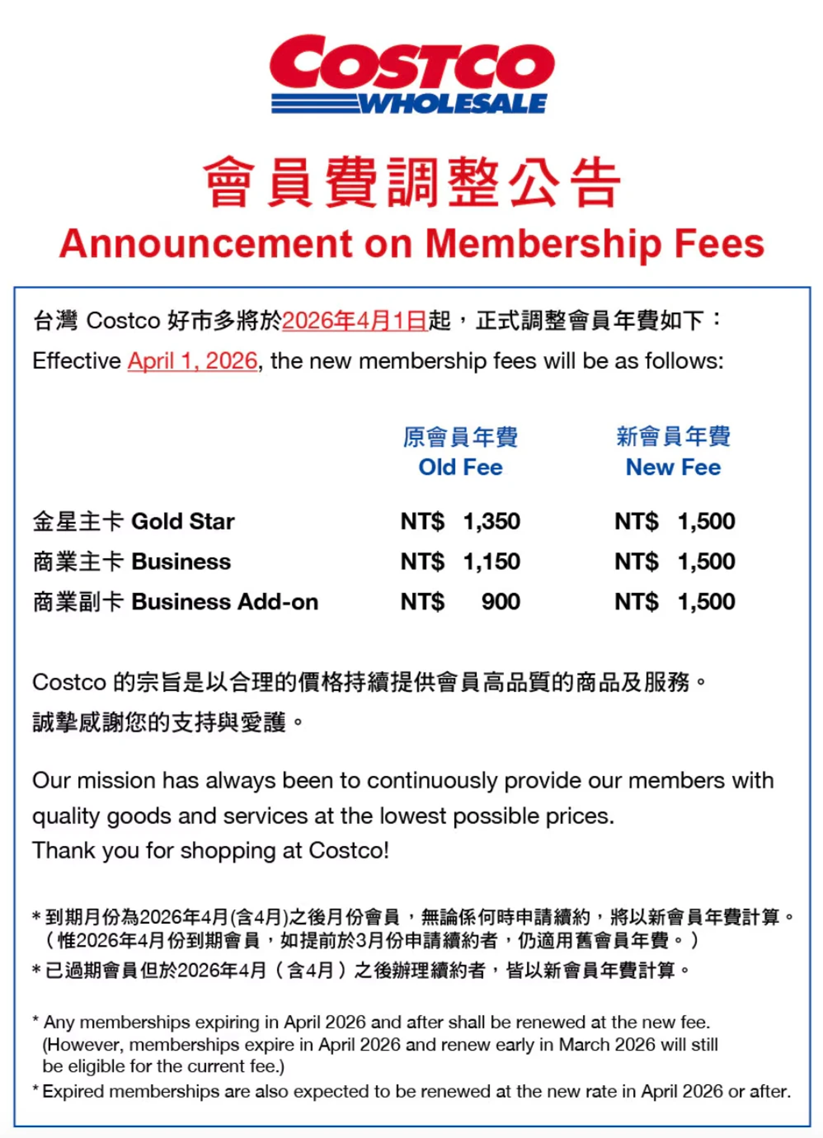 好市多宣布會員費調整公告。（翻攝自好市多官網）