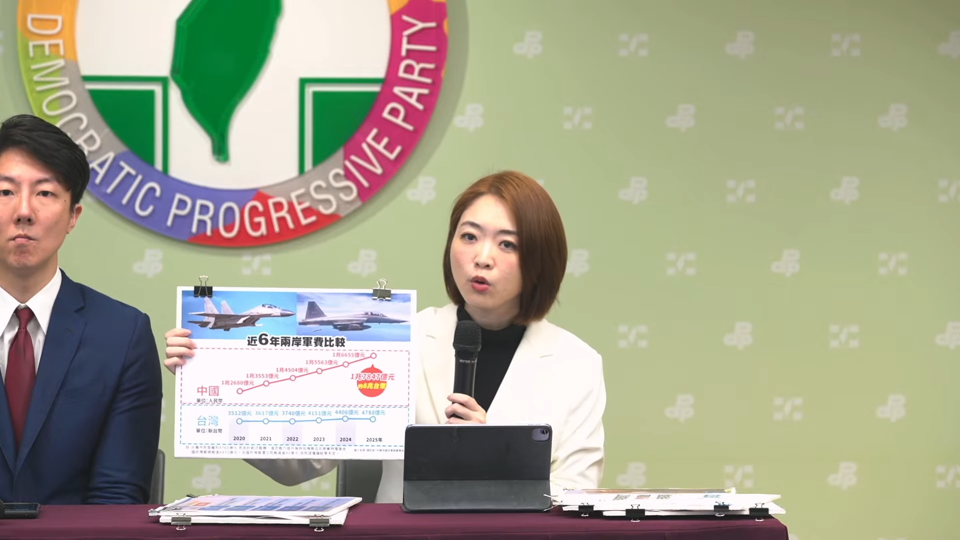 韓瑩提到,中國軍費連年成長,周邊國家如日本、韓國、菲律賓也逐年調升軍費,如今國民黨刪凍國防預算,只會向國際社會發送錯誤訊號,顯示台灣沒有自我防衛的決心。(翻攝自民進黨直播)