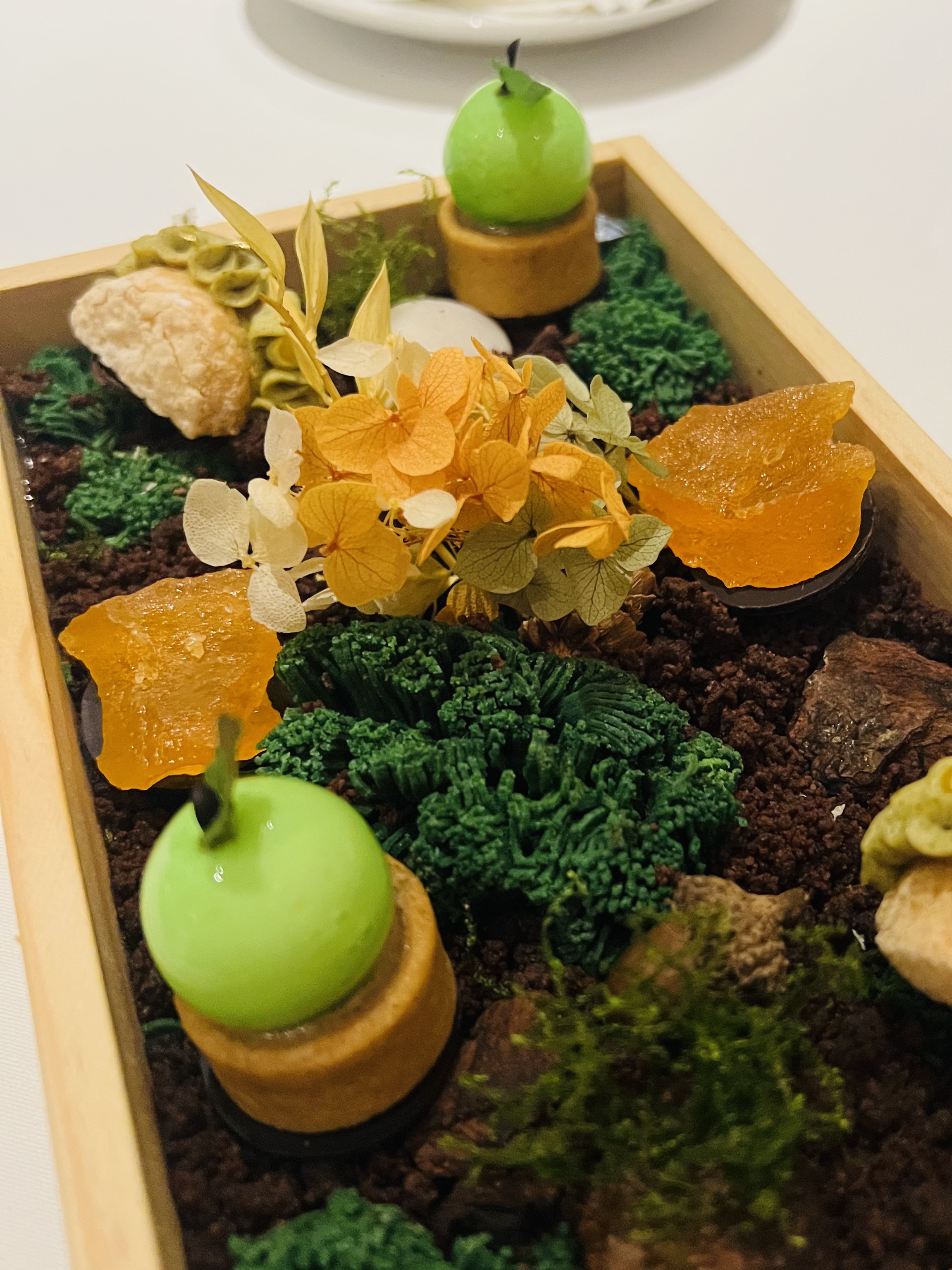 伯爵塔酥皮青蘋果慕斯、晶瑩剔透的琥珀軟糖、包覆碧螺春卡士達餡的達克瓦茲，組合成 一座春日的茂盛森林。