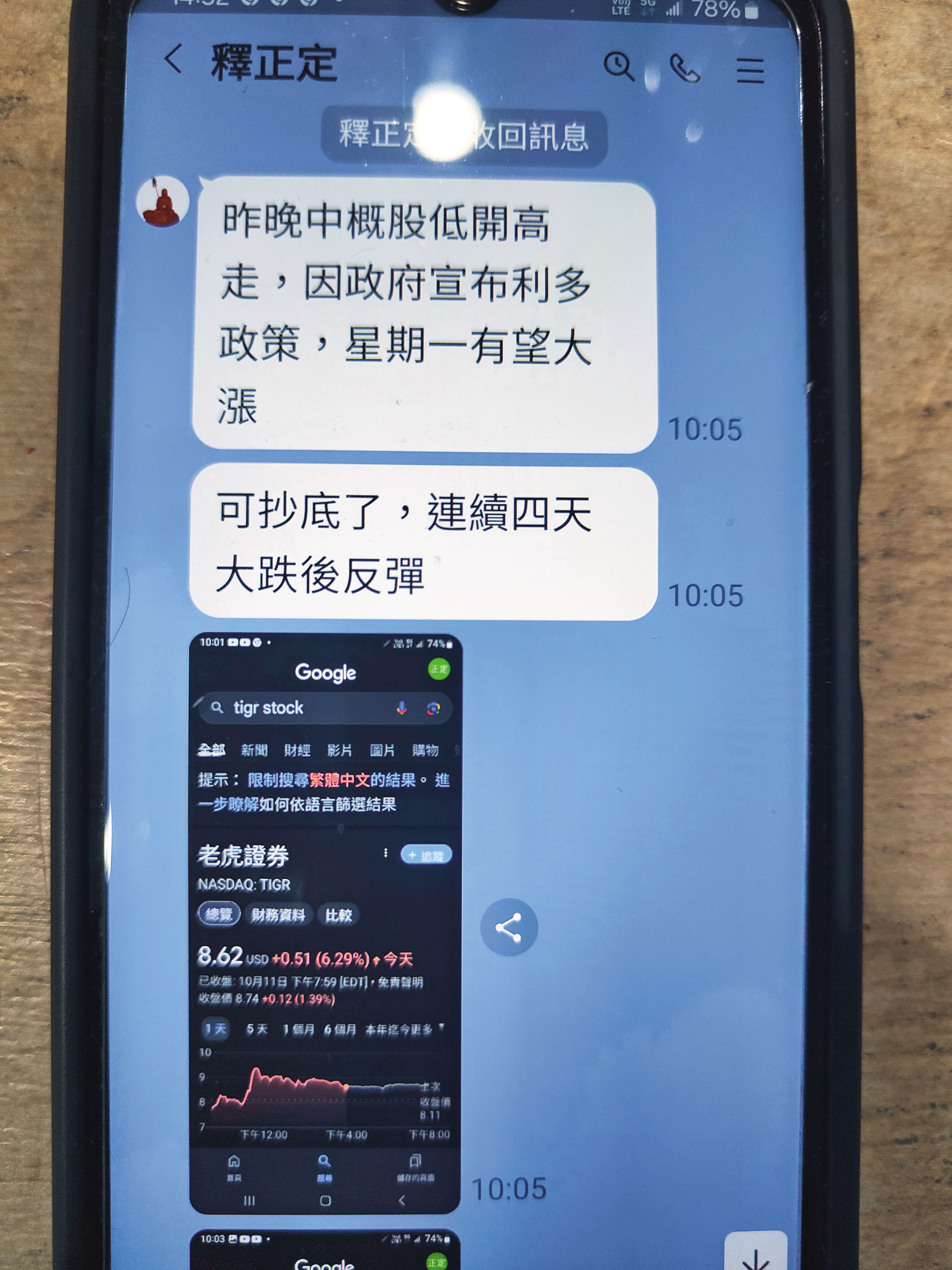 釋正定將媽媽接去同住初期，每天傳訊跟簡大姊報備，甚至還會分析股票市場。