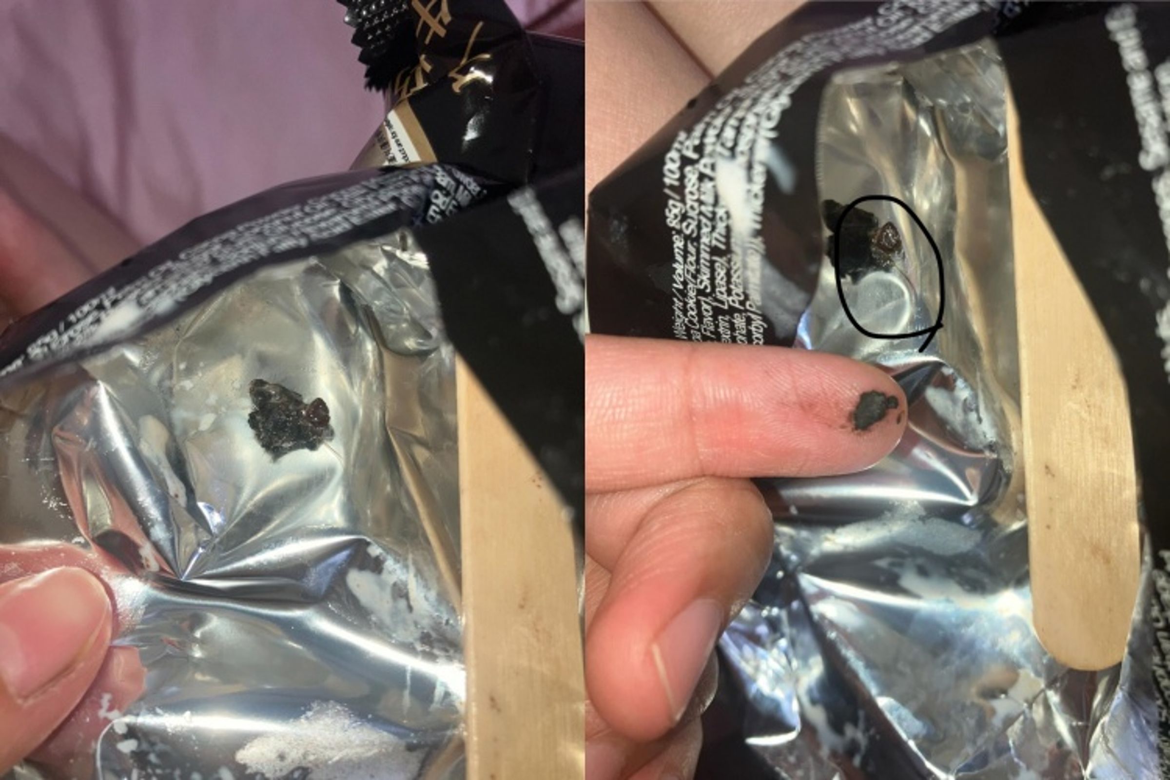 拆開雪糕驚見黑色臭味毛球狀異物，網友猜測可能是蟲體殘骸，引發網友恐慌。（翻攝自Threads @yjuy.0410_）