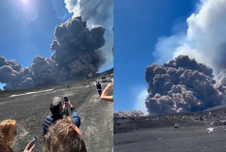 爆發瞬間火山噴出濃煙十分壯觀，遊客邊拍照邊撤離，顯得十分從容。（翻攝自X）
