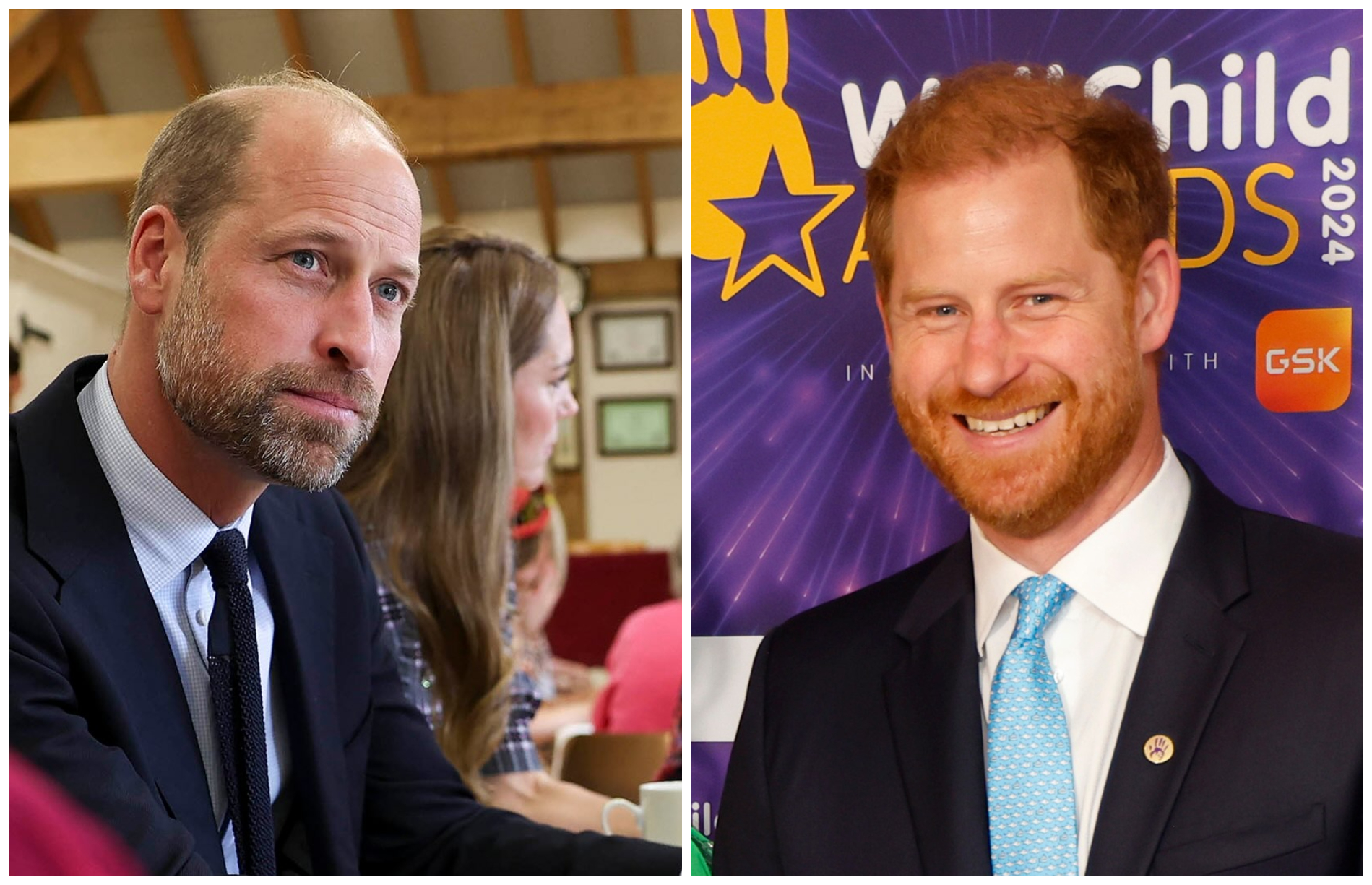 哈利王子（右圖）在英國期間不會與哥哥威廉（左圖）見面。右為哈利8日參加好孩子獎頒獎典禮，左為同一天威廉出席婦女聯誼會。（翻攝WellChild臉書、princeandprincessofwales IG）