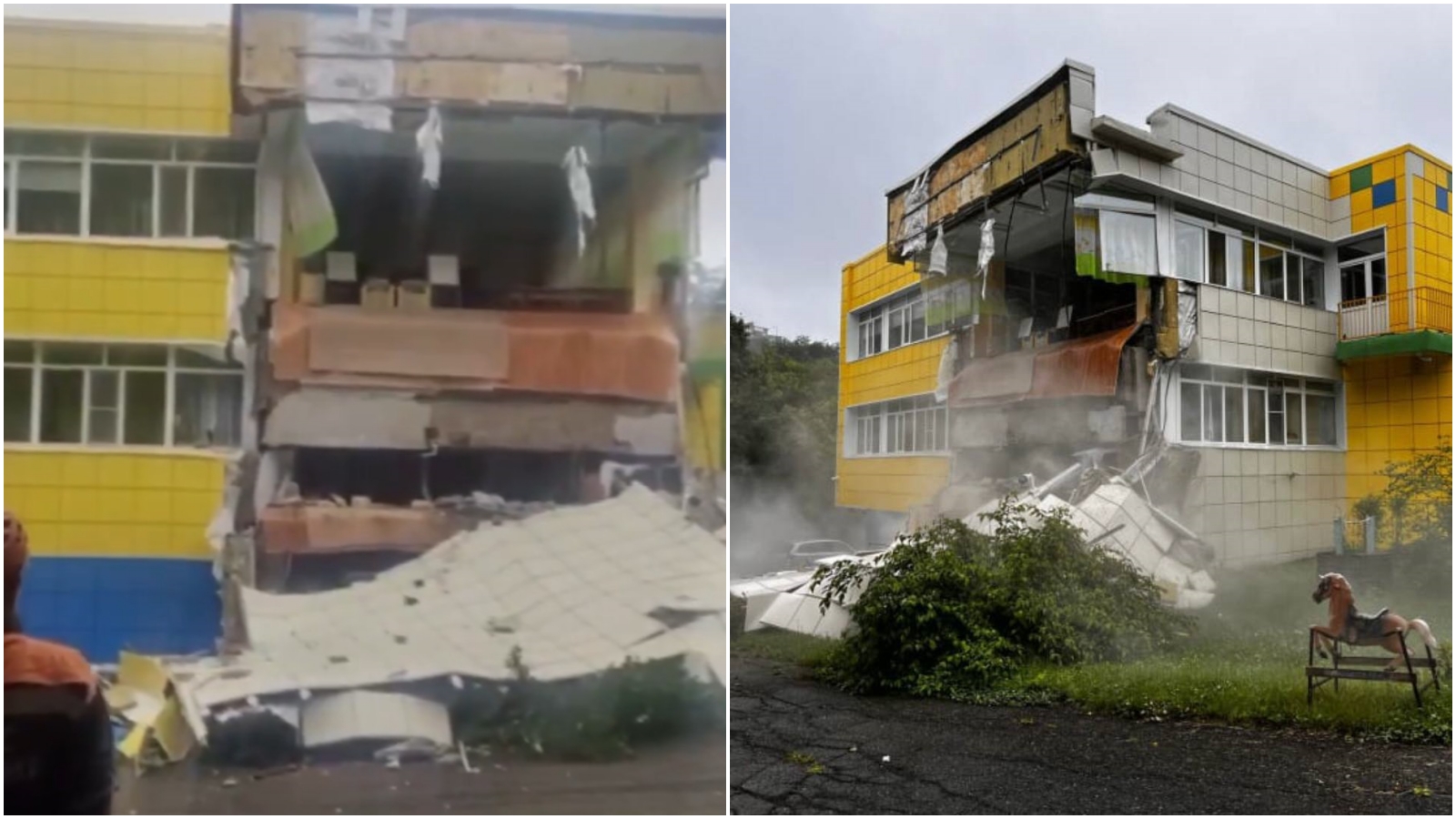 俄羅斯一間幼兒園牆壁掉落，呈現半塌狀態。（翻攝X）