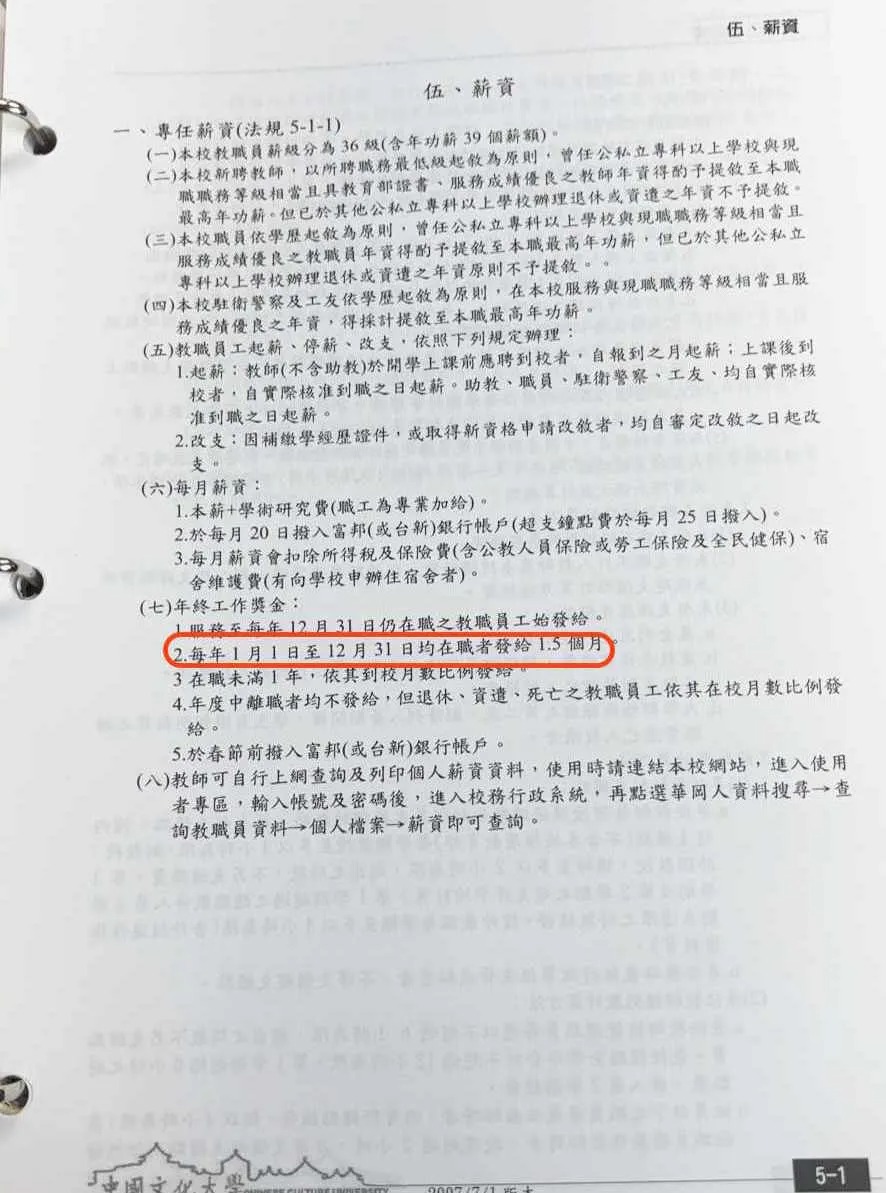 文大教職員手冊明訂,年終獎金屬於薪資範疇。(高教工會提供)