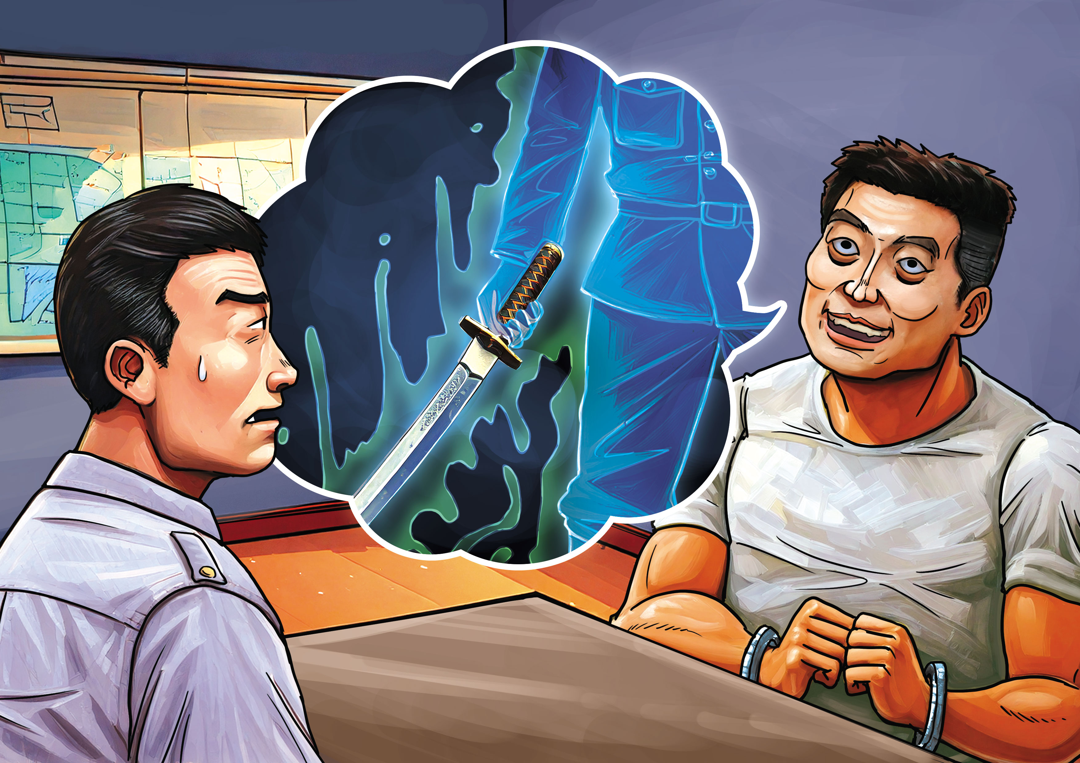 士兵郭慶和供稱，他是被軍史館收藏的日軍軍刀刀下冤魂附身，才會犯案。（AI繪圖Adobe Firefly生成，本刊美術組後製）