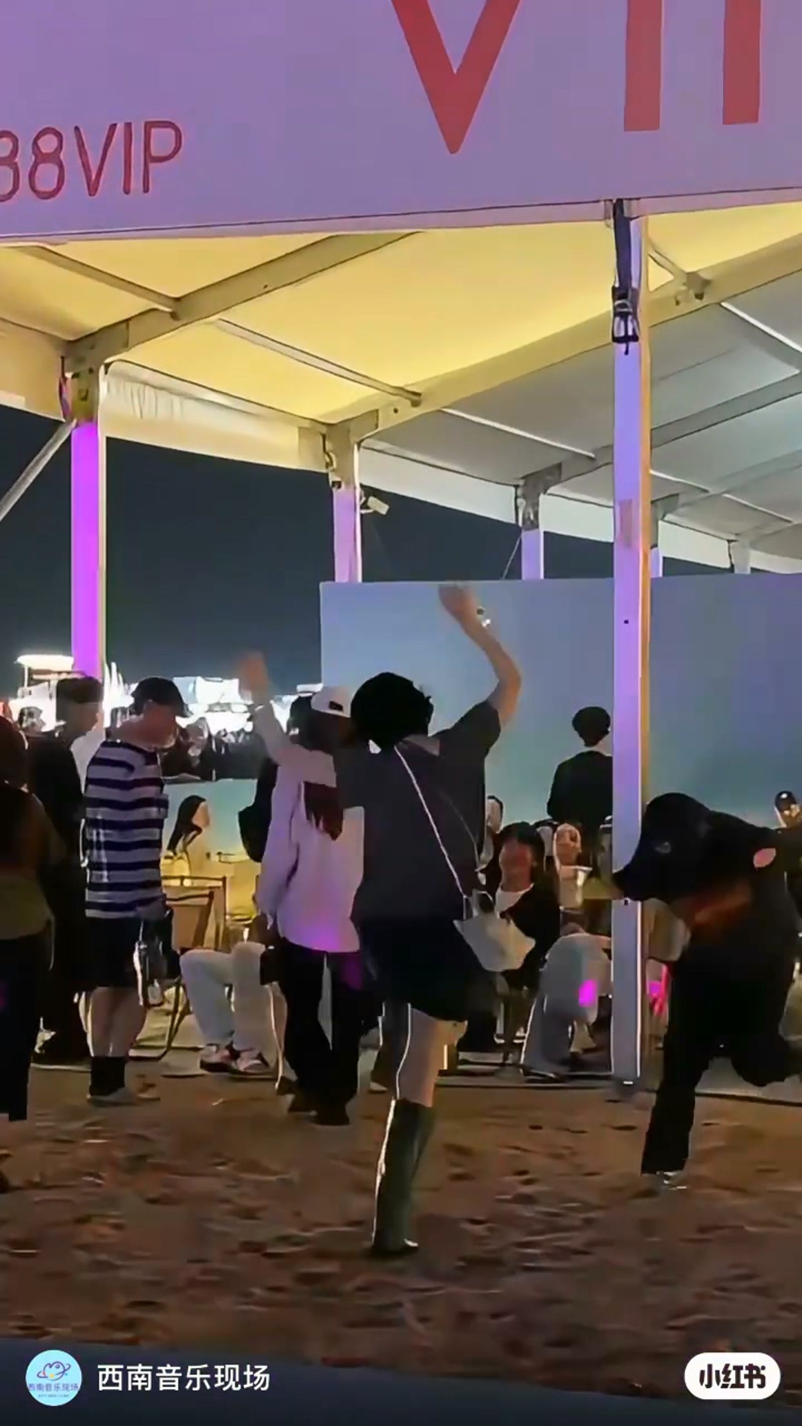 王菲表演看到嗨，一路上蹦蹦跳跳「微醺蹦迪」式回到休息區，還好她當年沒有選擇當唱跳歌手。（翻攝小紅書影片）