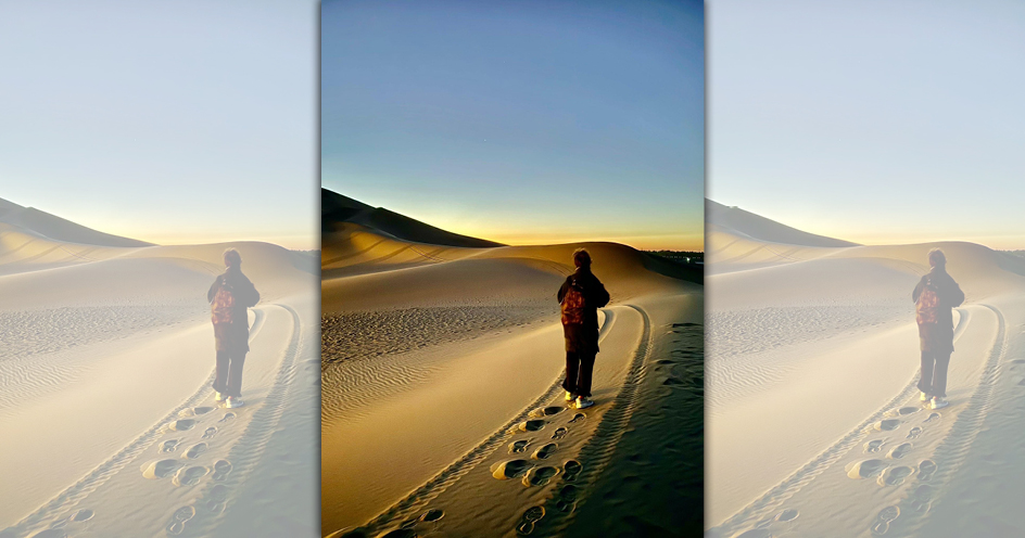 藍心湄到敦煌旅遊閨密好友累死也堅持幫她拍下美照。（翻攝自藍心湄臉書）
