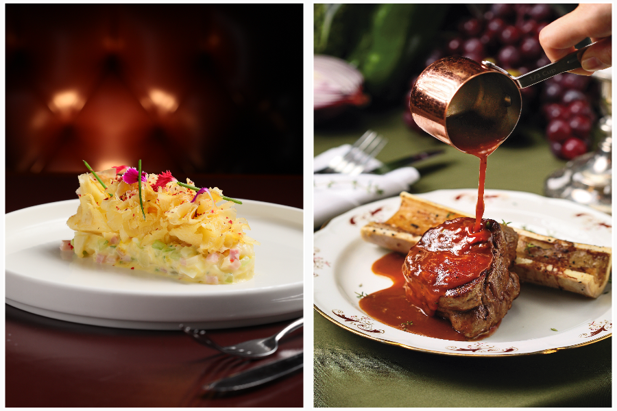 台北亞都麗緻「巴賽麗廳La Brasserie」（左，帕蒙蒂耶沙拉、僧侶頭乳酪花）與法式餐酒館「BeApe」（右，炙烤牛骨髓‧琥珀醬菲力牛排）各自端出經典法式傳統菜色，在台北餐飲圈掀起一股反璞歸真的潮流。