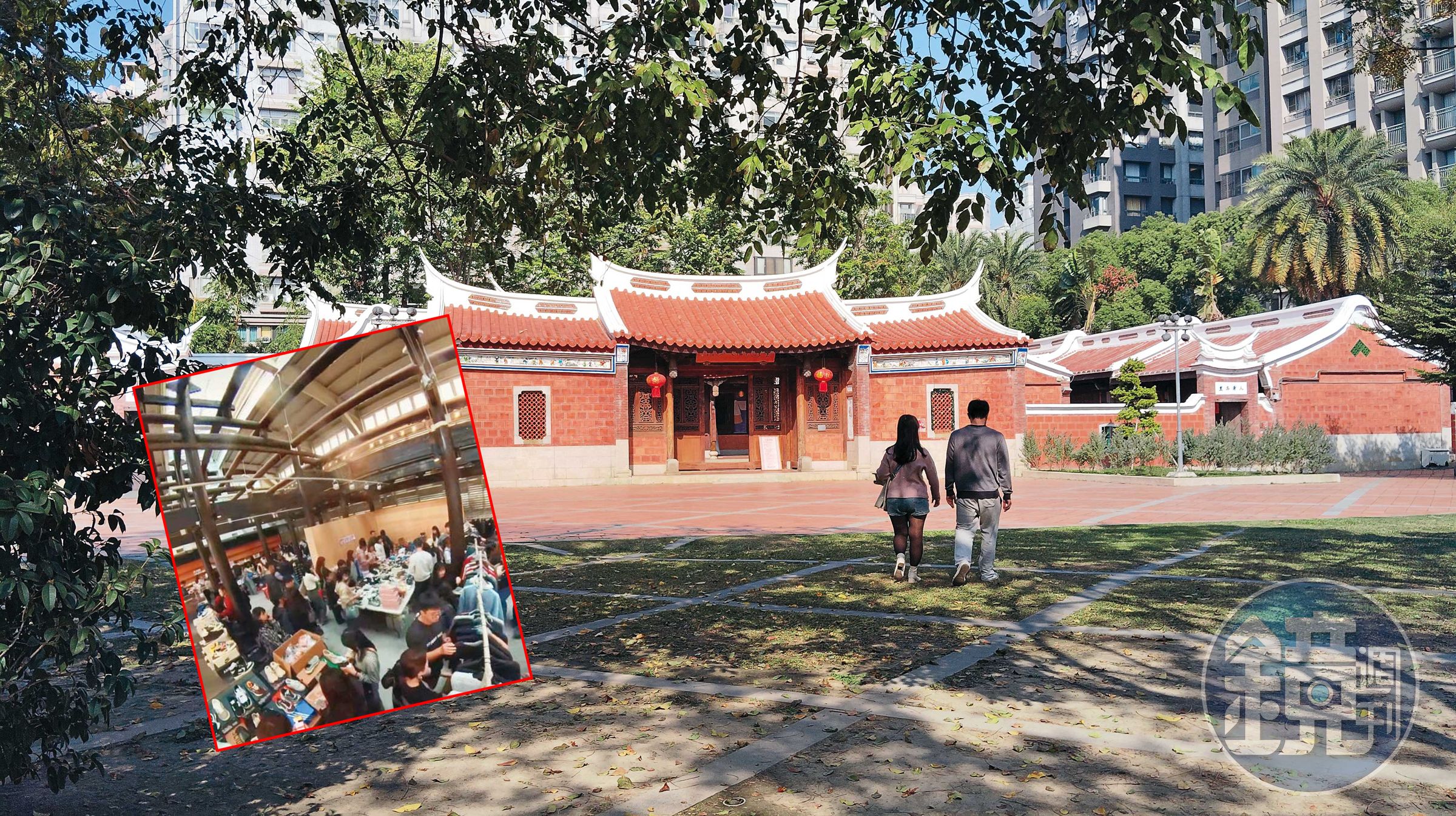 結合閩南式的庭園、呈現先民樣態的臺灣民俗文物館展覽區，如今假日成了商業賣場。（大圖鄧玉瑩攝，小圖讀者提供）