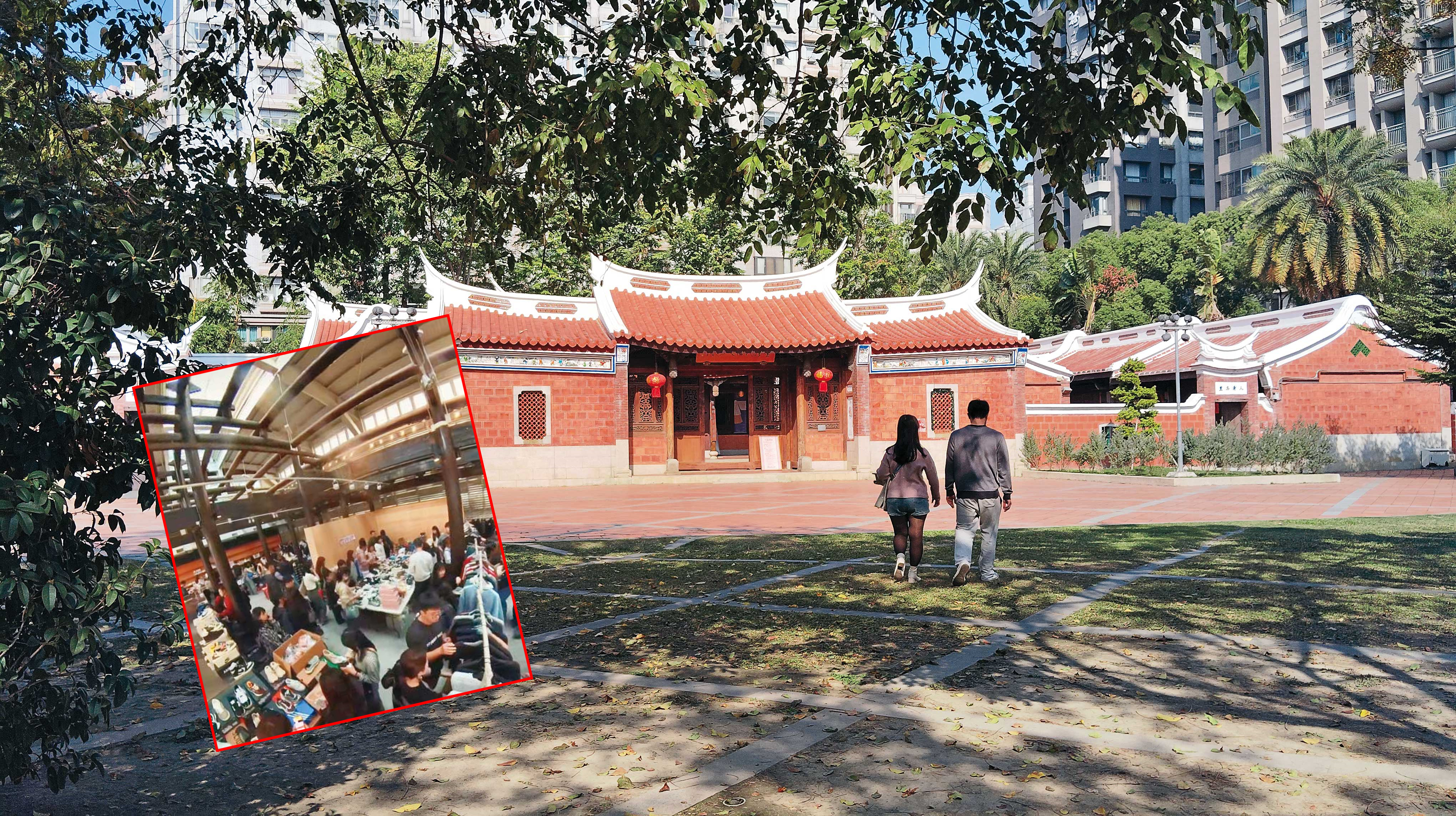 結合閩南式的庭園、呈現先民樣態的臺灣民俗文物館展覽區，如今假日成了商業賣場。（大圖鄧玉瑩攝，小圖讀者提供）