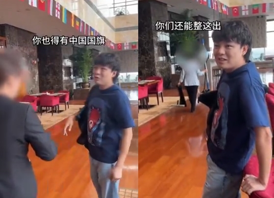 中國博主「勃勃不講理」不滿河北希爾頓飯店漏掛中國國旗，質問飯店人員。（翻攝X@whyyoutouzhele）