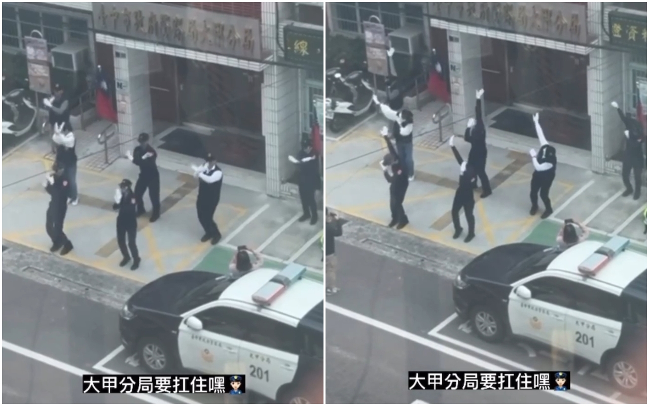 7位員警站在大甲分局門口跳舞，畫面被民眾發現拍下，在網路上引起熱議。（翻攝自記者爆料網）
