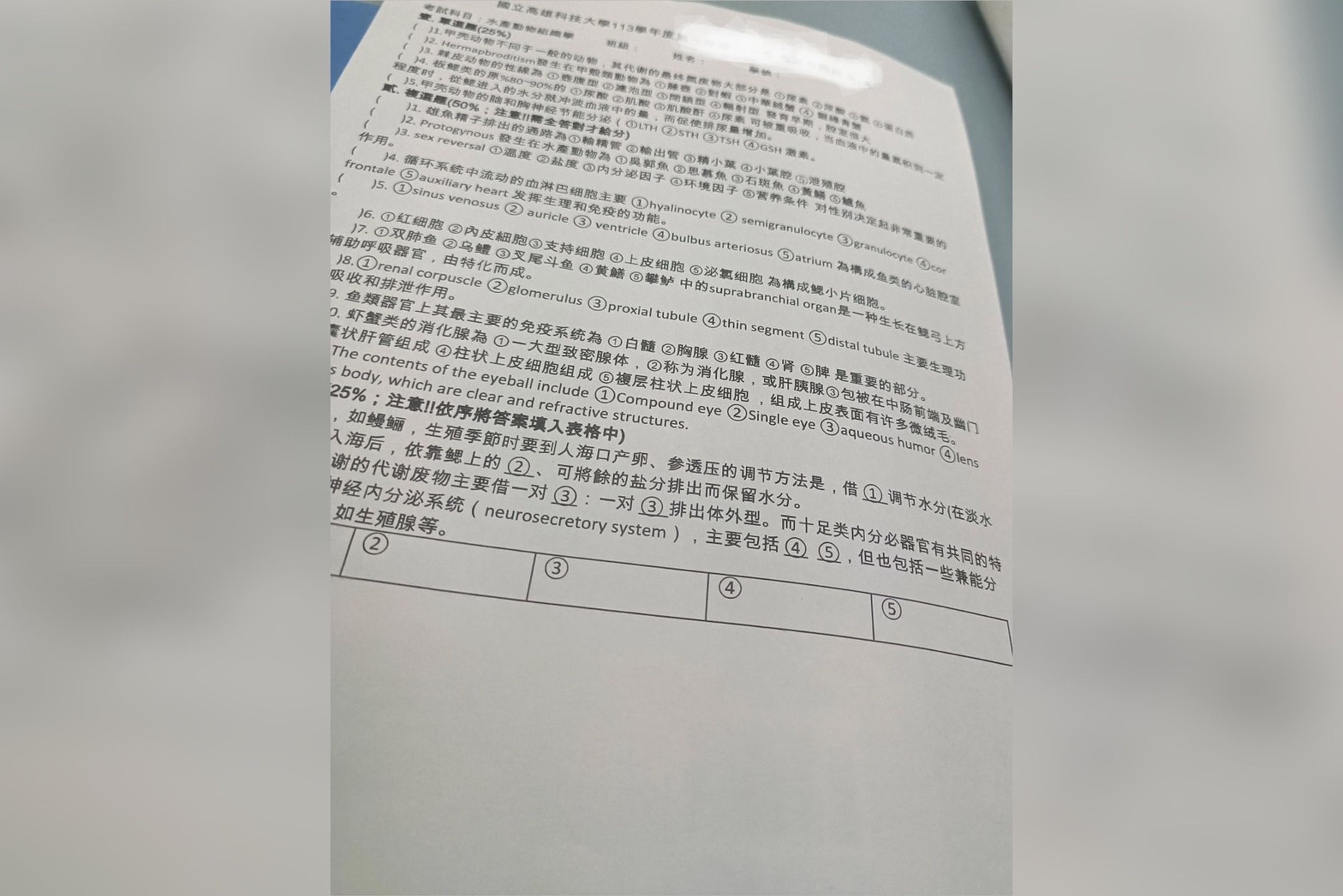 高科大水產養殖系期末考試卷,驚見滿滿簡體字。(翻攝threads)