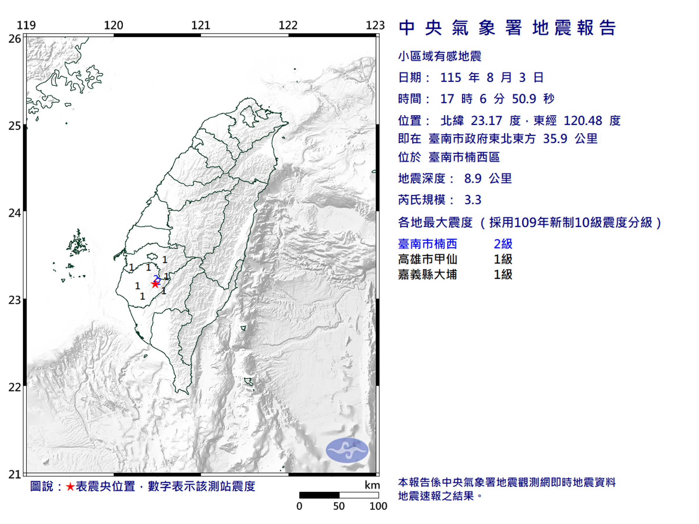 台南楠西區今日下午接連發生極淺層地震。（翻攝自中央氣象署官網）