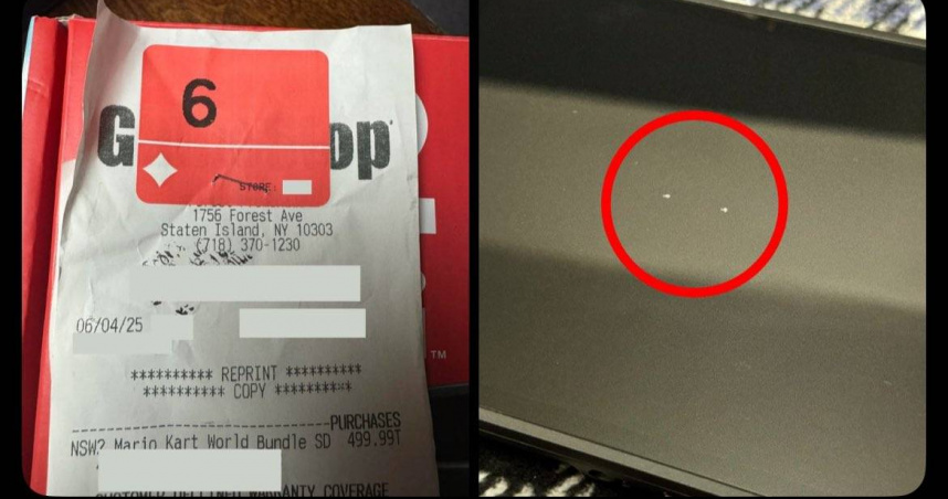 排隊搶主機卻拿到壞機！GameStop釘書針釘收據竟穿破主機螢幕，惹怒大票玩家。（翻攝自X）