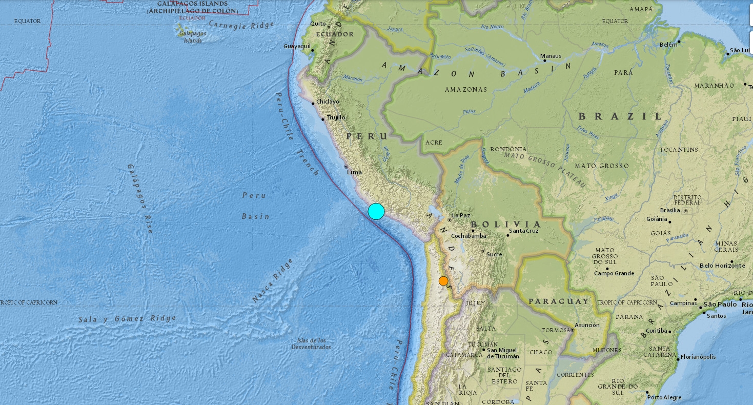 週五深夜秘魯南部海岸發生一場規模7.2地震，震源深度為28公里。（翻攝自美國地質調查局）