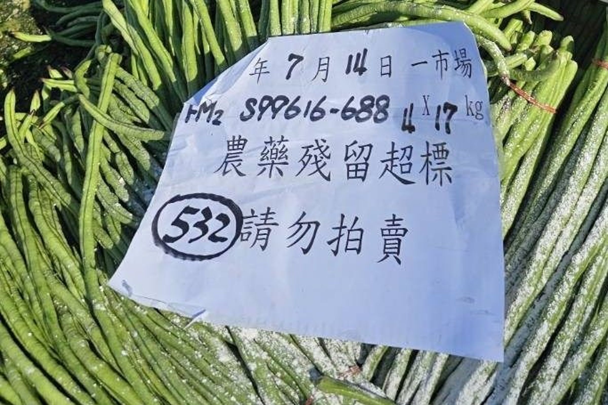 今年7月批發市場蔬果農藥殘留抽驗，共有77件不合格，主要品項為小白菜、辣椒、菜豆。（北市市場處提供）