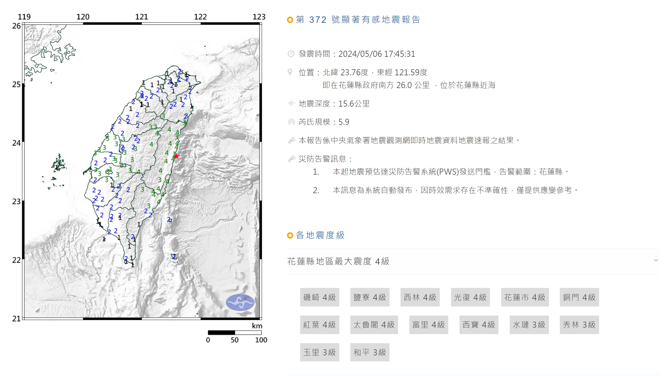 下午17點45分左右再度地牛翻身，中央氣象署網站顯示，這起是規模5.9地震。（中央氣象署提供）