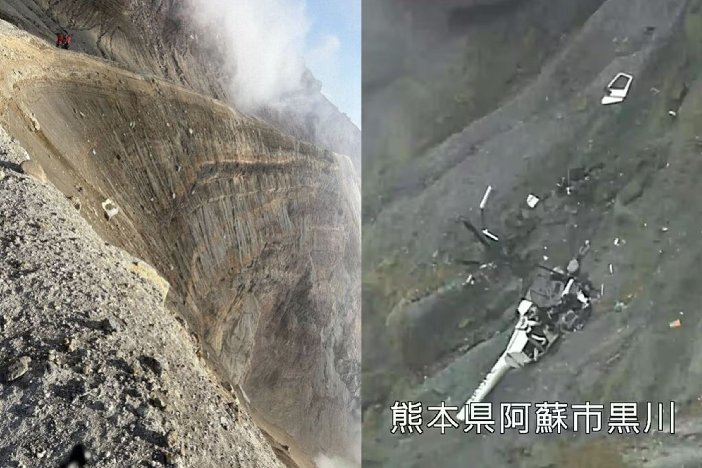 熊本縣警今公開了最新的搜救畫面（左圖），現場地形極為險惡，讓搜救難度大大增加。（熊本縣警提供）