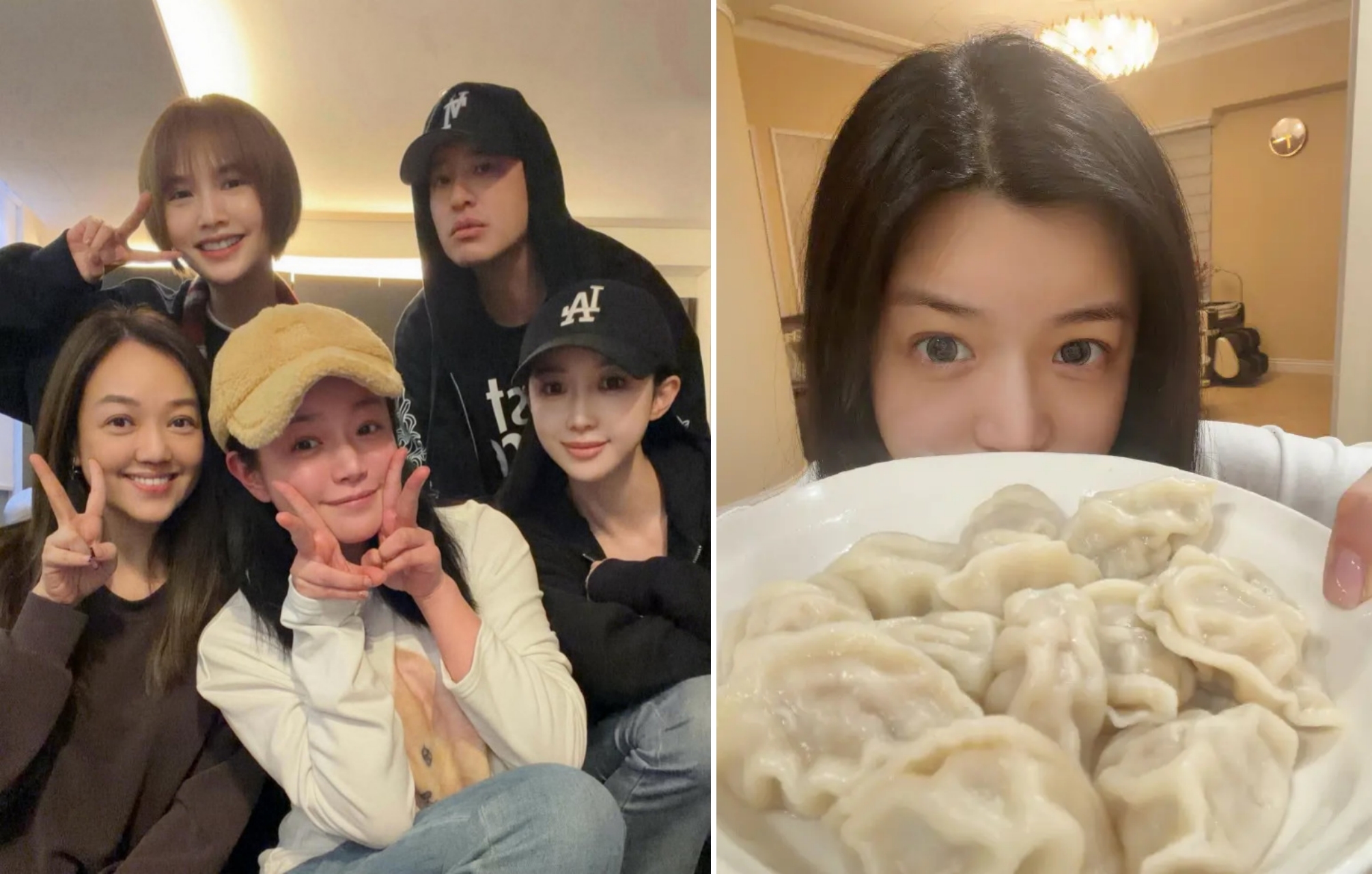 陳妍希(前中)和楊欣(前左)、Luna(前右)以及楊丞琳(後左起)、潘瑋柏聚會,當中有兩對夫妻檔,而她稍早曬水餃也讓網友直呼狀態好。(翻攝自IG)