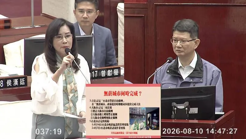 秦慧珠詢問黃建華，無菸城市的主管機關為何？對方卻未能明確給答案。（翻攝自台北市議會直播）