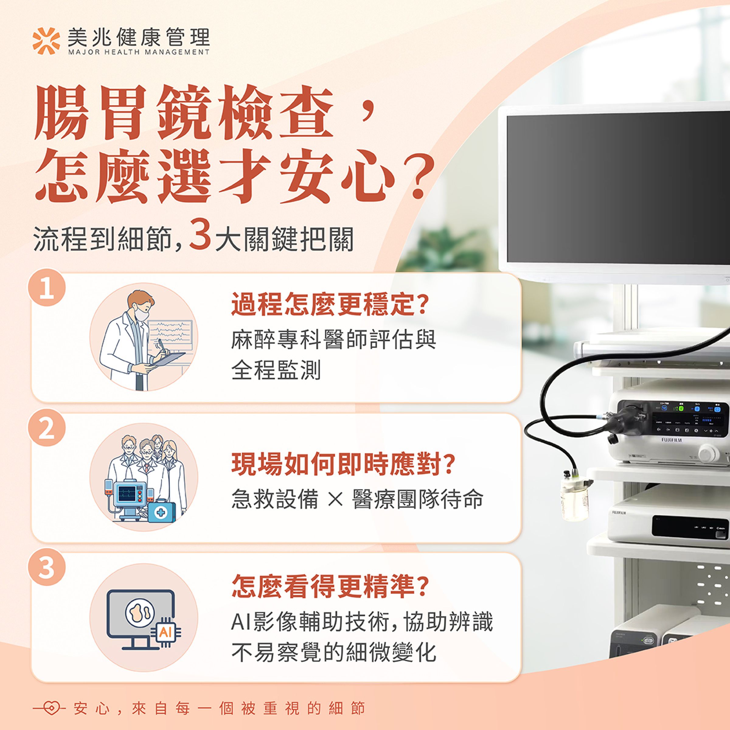 腸胃鏡檢查,怎麼選才安心?從麻醉監控、急救設備到AI影像輔助,三大環節一次看懂。
