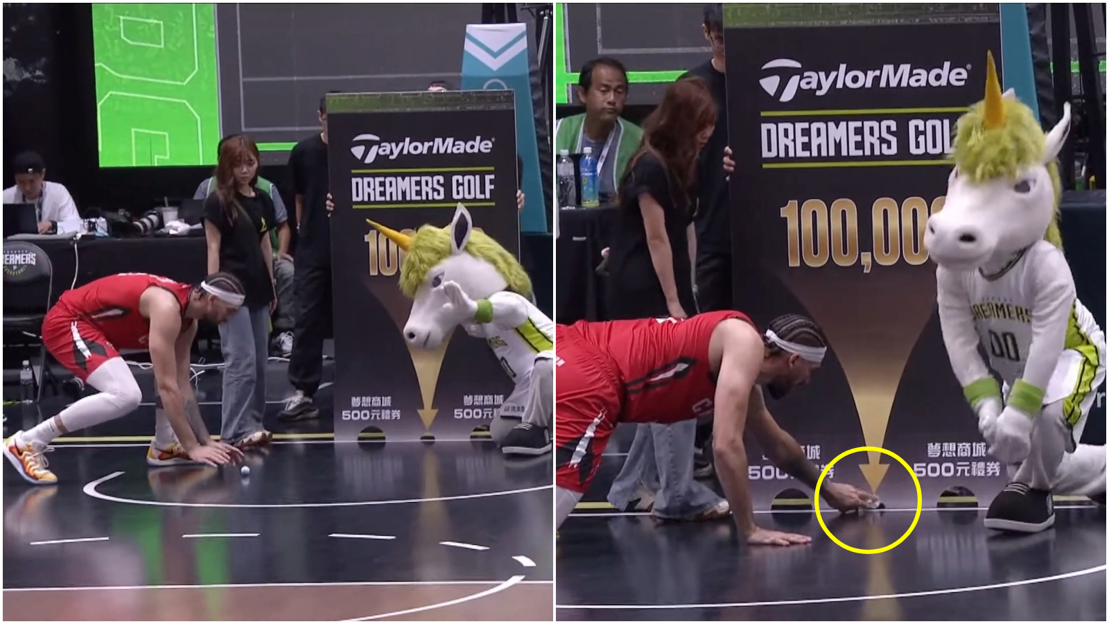 洋將想幫球迷賺獎金，結果球塞不進洞口內。（翻攝TPBL直播）