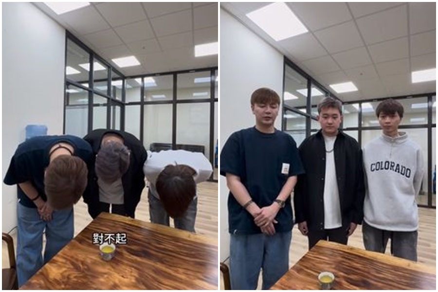 小網紅詹姆士(呈)與攝影師、老闆再度拍影片道歉,不過被網友質疑偷笑。(翻攝自IG)