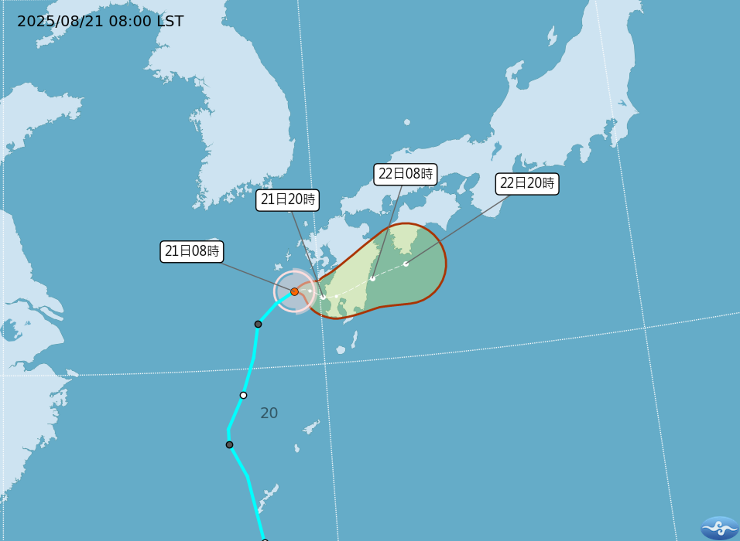 輕颱「玲玲」預測向東朝日本九州移動。（翻攝自中央氣象署官網）