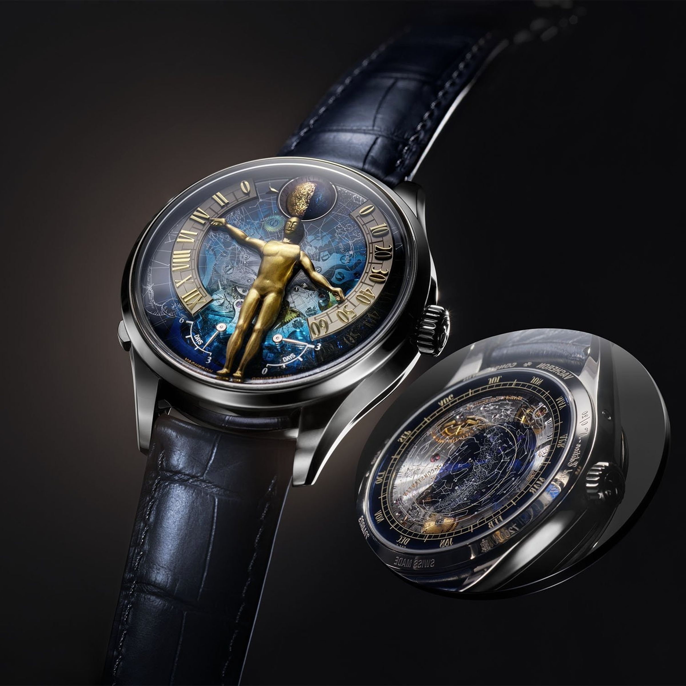 Tribute to the Quest of Time 以品牌創立當天的1755年9月17日夜空為背景,金色天文學家人偶透過雙逆跳顯示時間,錶背則追蹤恆星時與星圖,展現江詩丹頓對天文與製錶的深度融合。