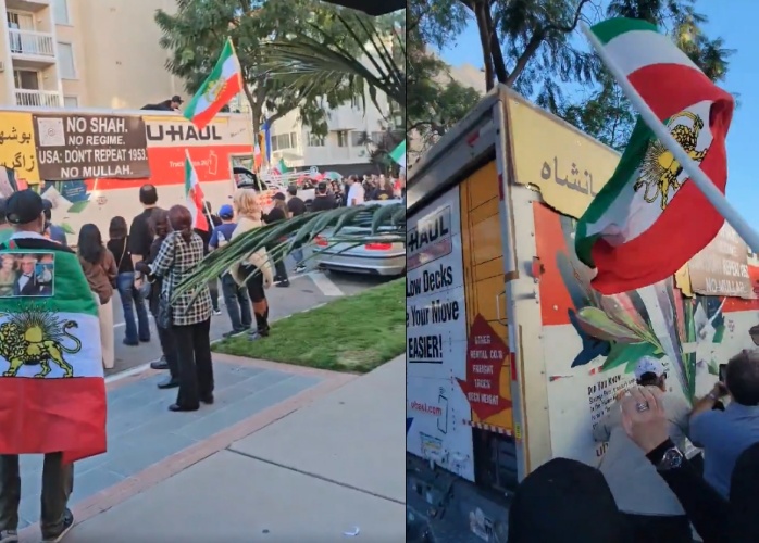 洛杉磯威斯特伍德示威活動期間，一輛U-Haul貨車突駛入人群，遭憤怒群眾包圍砸車。（翻攝自X/Susie Shoshana、BNO News）