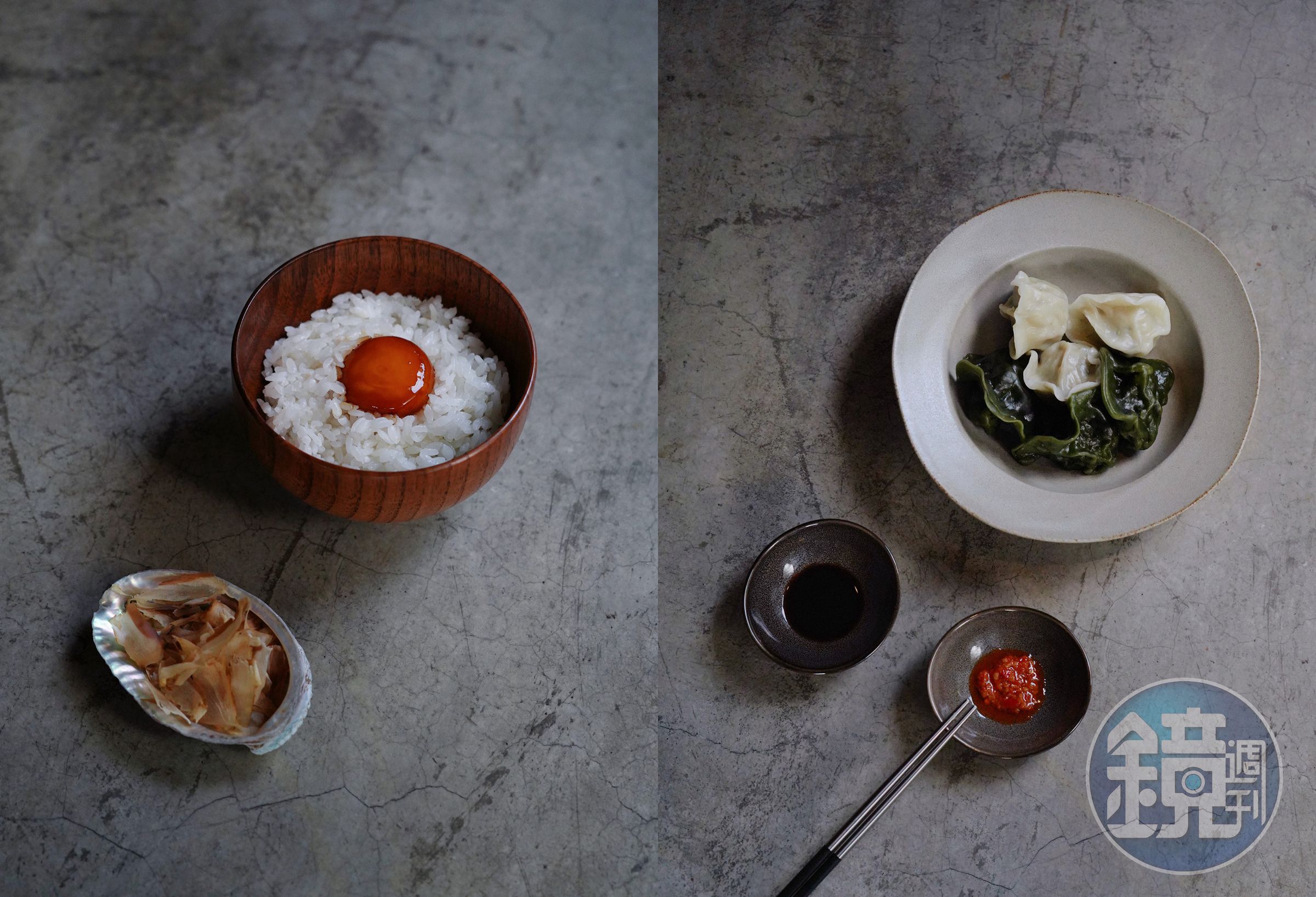 酒吧的鹹食「橘貓飯」（左，180元／飯）與「雙色水餃」（右，200元／份）是點單率最高的人氣下酒菜。（LANDED提供）