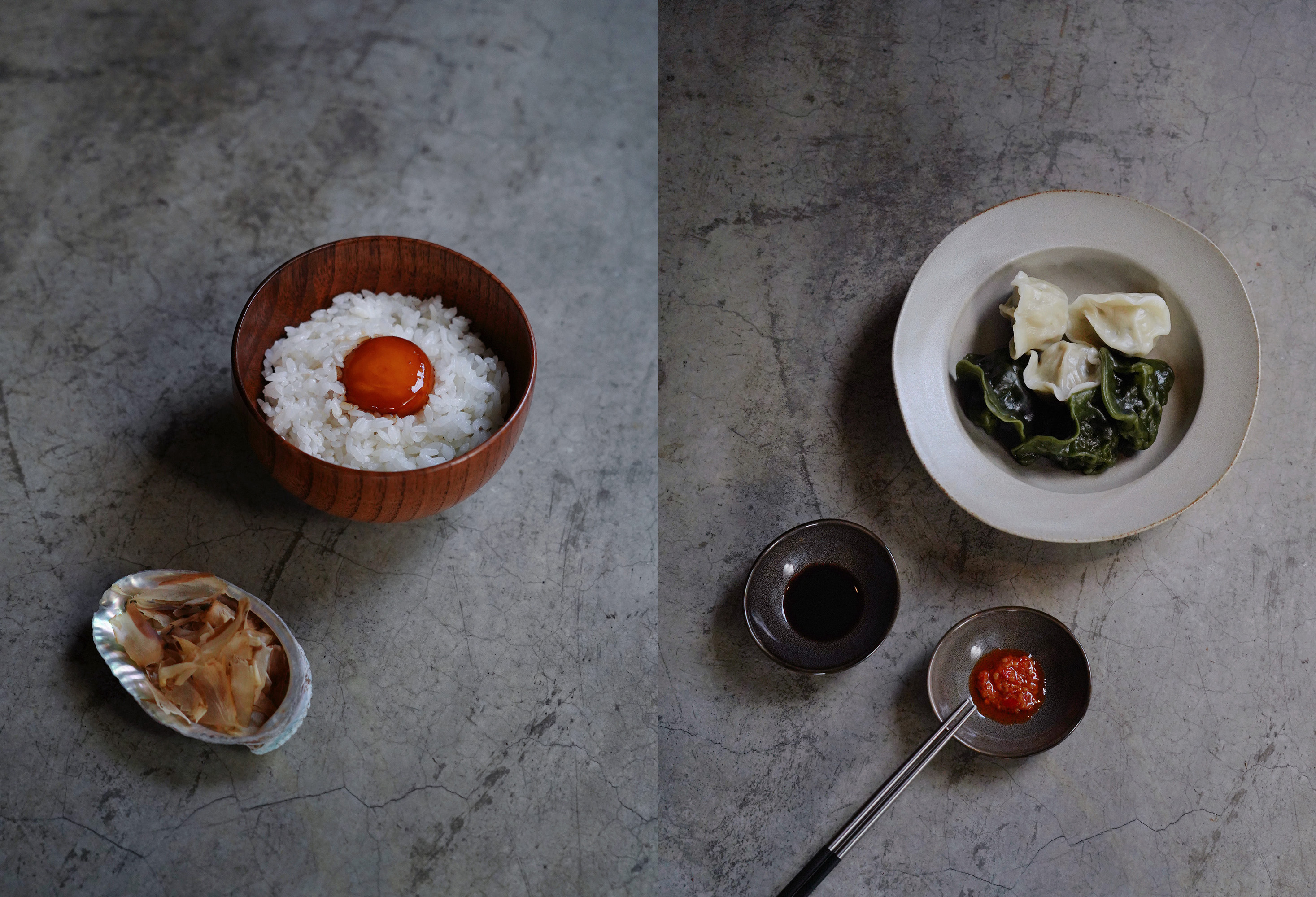 酒吧的鹹食「橘貓飯」（左，180元／飯）與「雙色水餃」（右，200元／份）是點單率最高的人氣下酒菜。（LANDED提供）