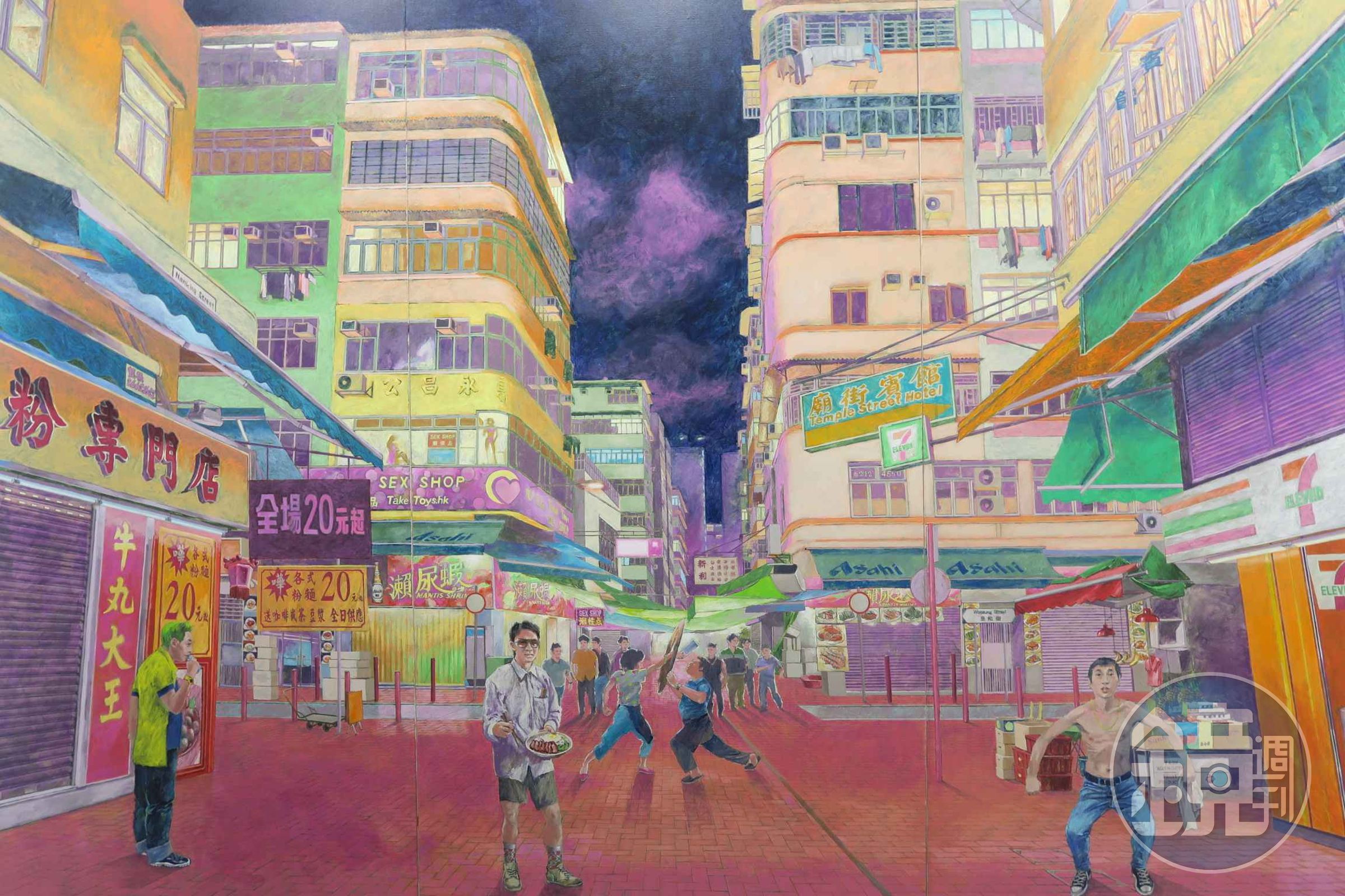 勾勒香港廟街情境的畫作,似乎把星爺也放在裡面。