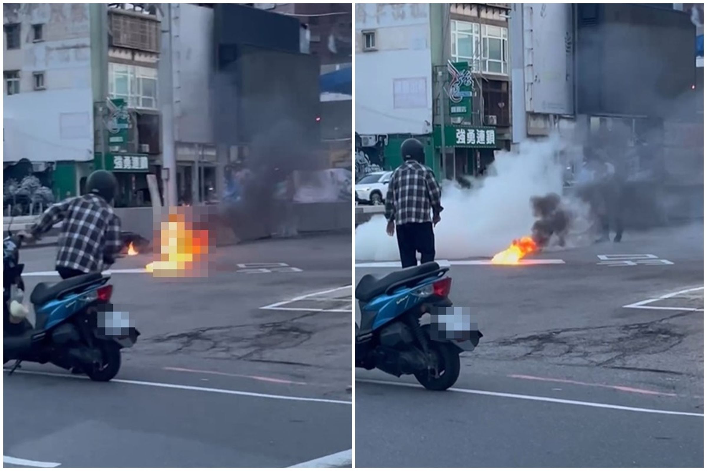 今日清晨台中一處加油站前發生自焚事件。（翻攝自爆料公社）