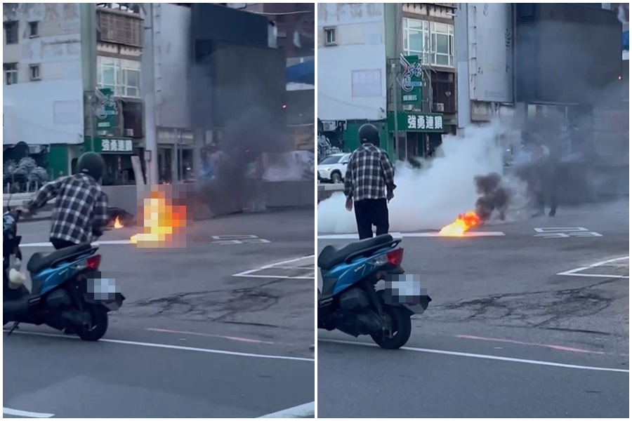 今日清晨台中一處加油站前發生自焚事件。（翻攝自爆料公社）