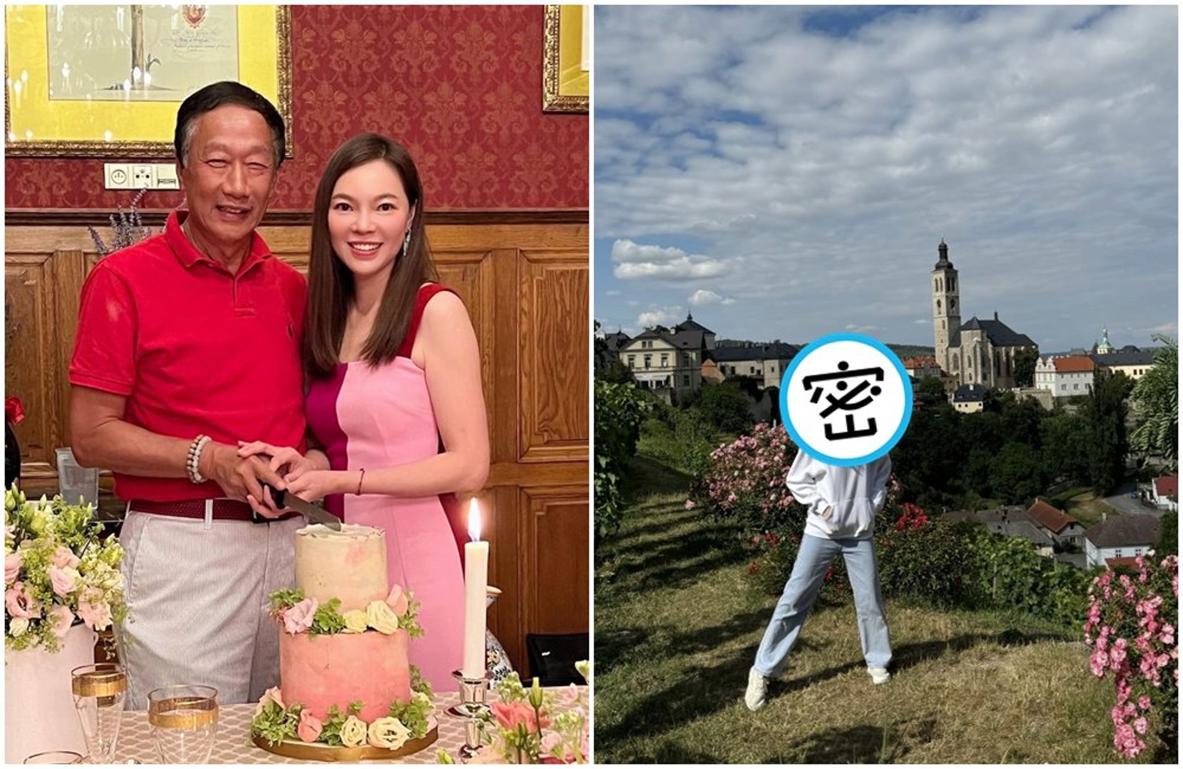 曾馨瑩與郭台銘(左圖)曾在捷克古堡慶祝結婚紀念日,日前她貼出女兒在當地的照片(右圖),可見當地天氣有涼意。(翻攝曾馨瑩IG)